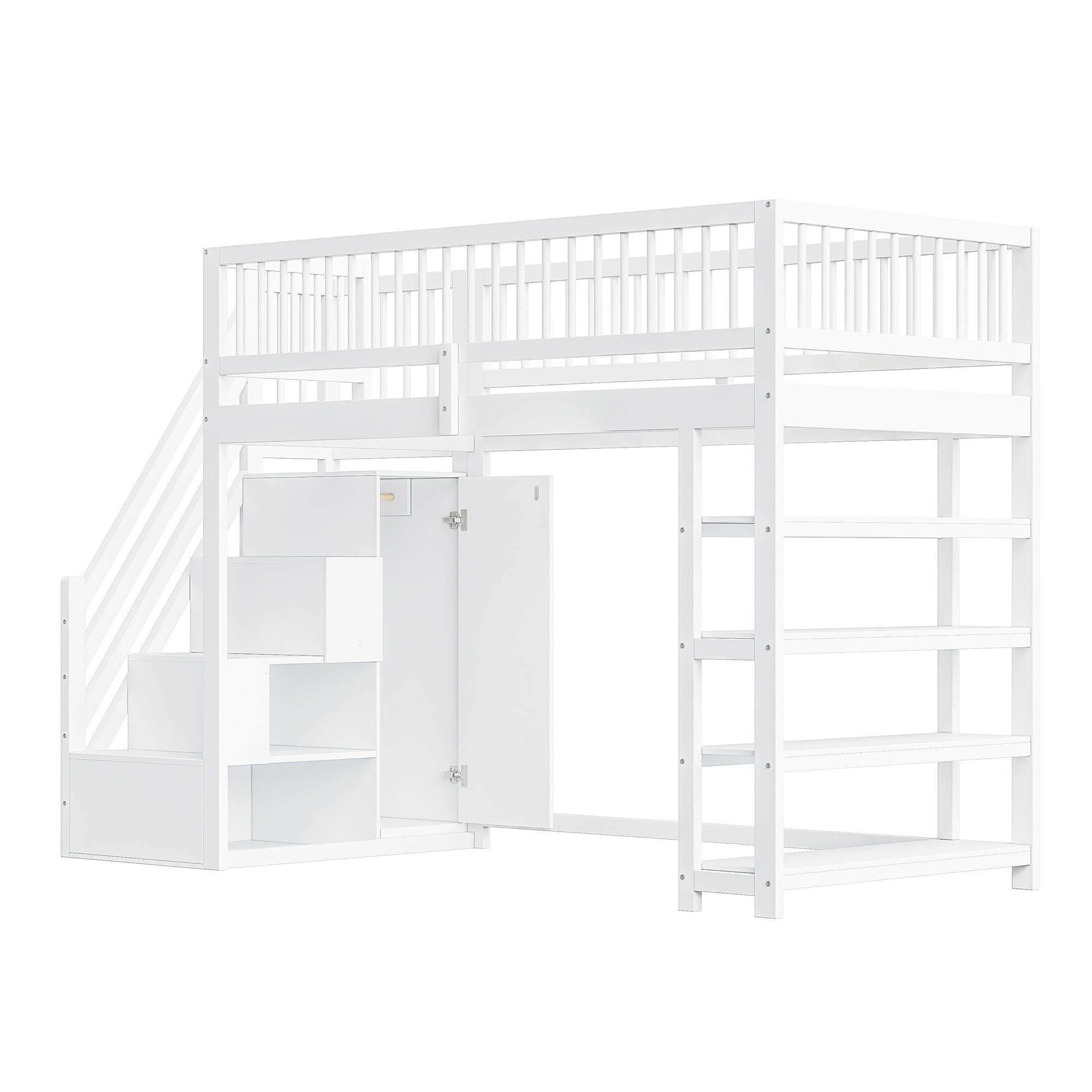 Loft Bed, 90x200 Multifunctional with Wardrobe, Shelves, Ladder, Solid Wood, White
