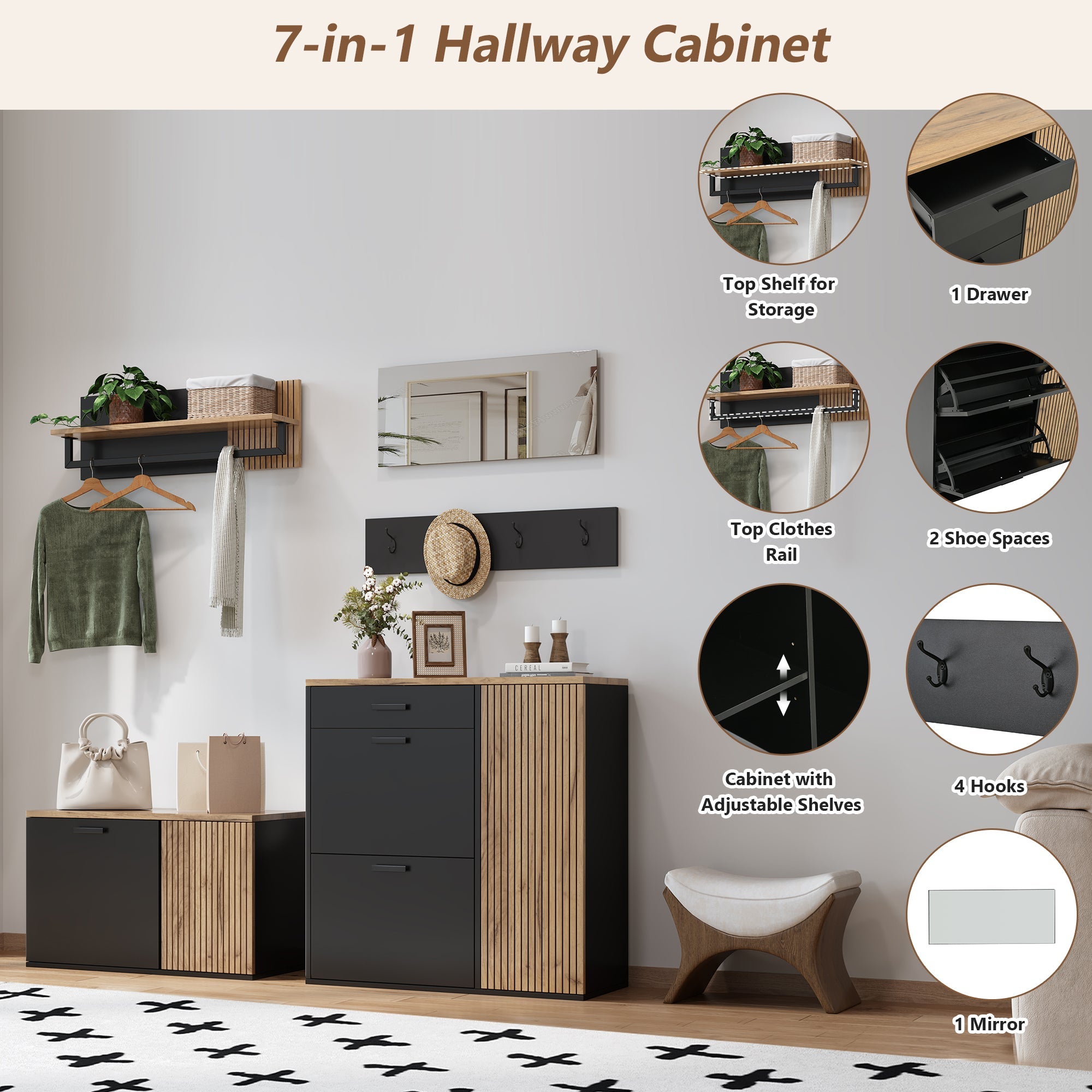 Wardrobe Set with Mirror, 2 Shoe Cabinets & Bench, Hallway Storage