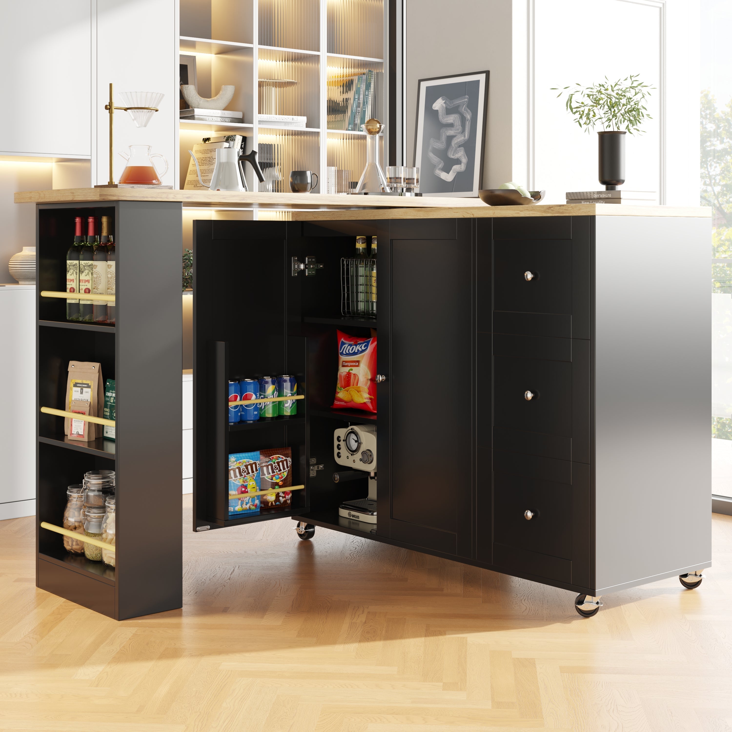 360° Swivelling Dining Table (138-209 x 39 x 106 cm) with Castors, Bar Table, Three Drawers, Snack Rack, Multifunctional Storage Island for Kitchen and Living Room, Black