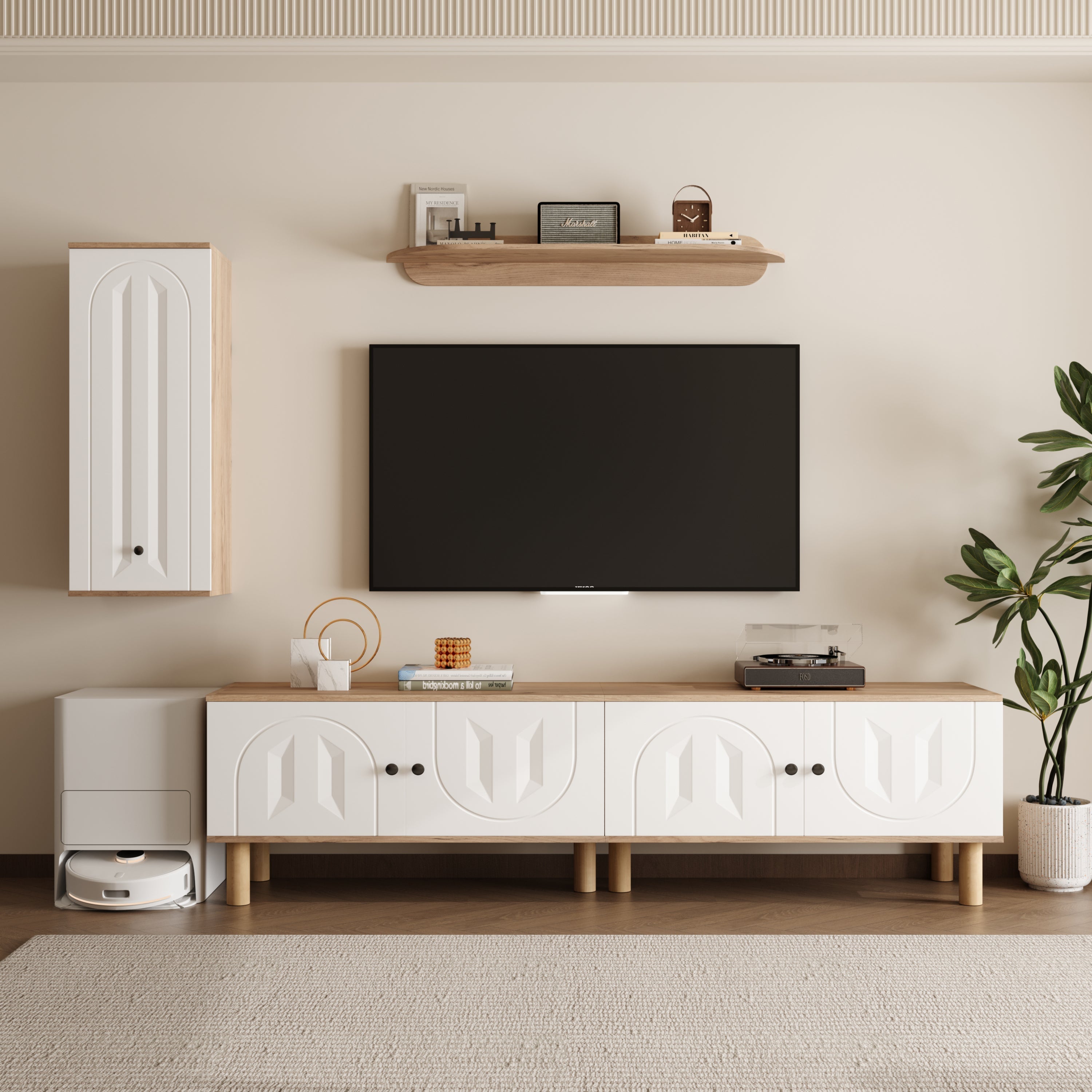 Wall Unit, Highboard Cabinets Shelf, White Wood