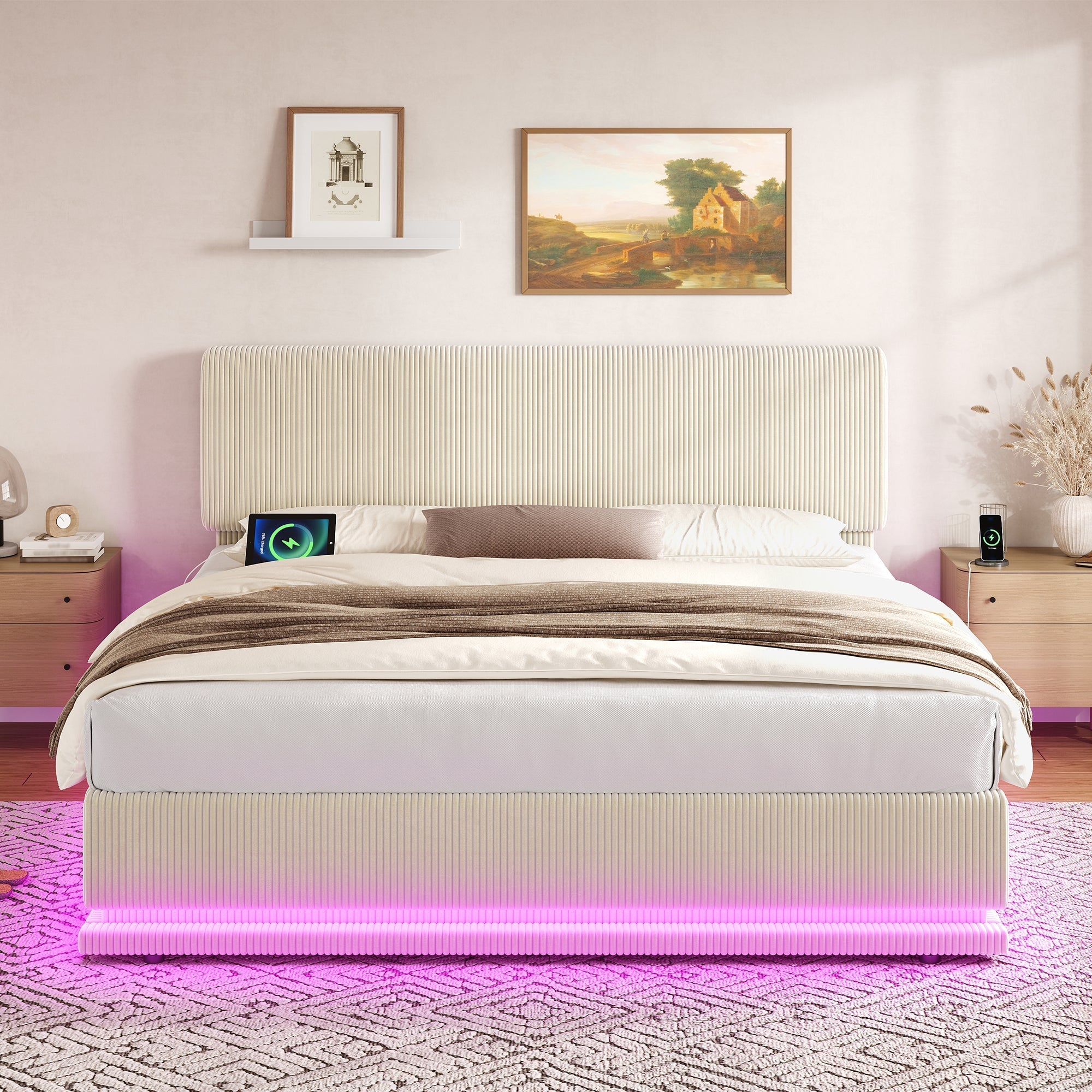 Modern Upholstered Bed with LED Lighting, USB-C and Storage, Corduroy Beige
