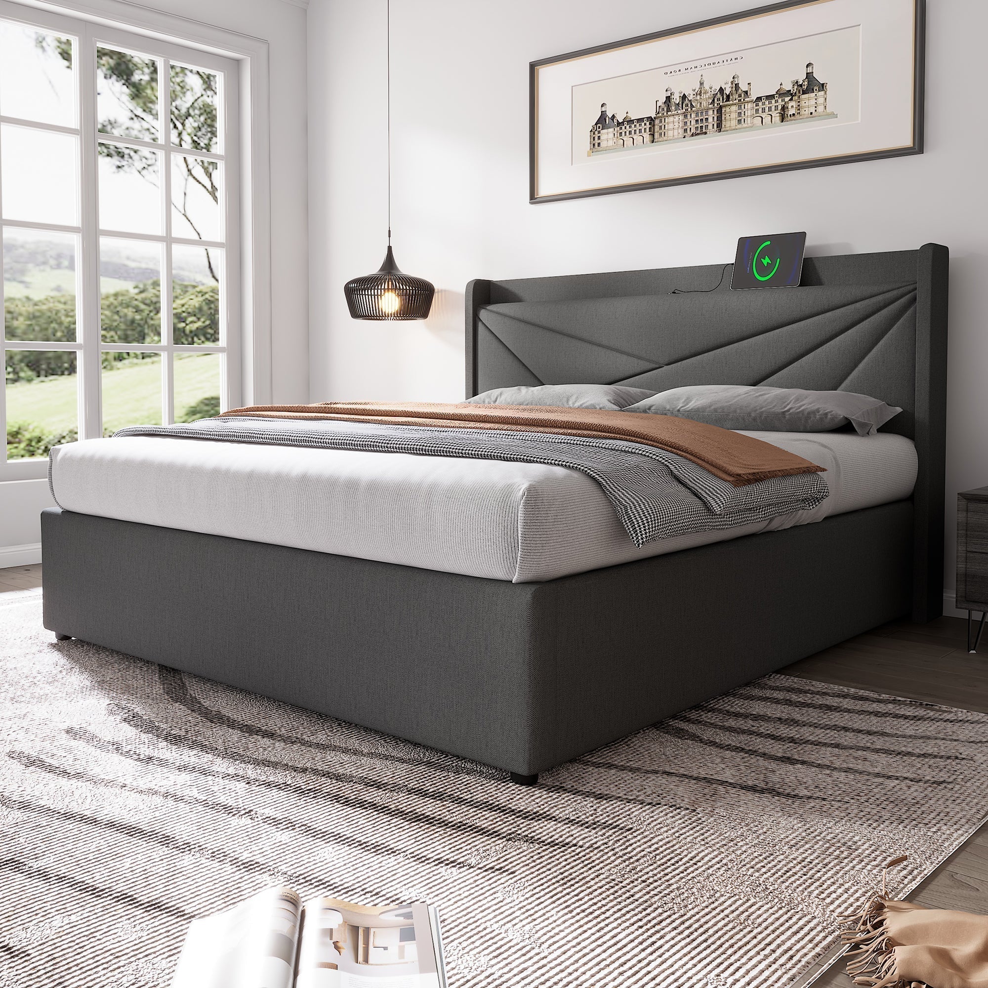 Upholstered Bed Storage USB Type C Headboard 180x200 Slatted Base, Linen Material