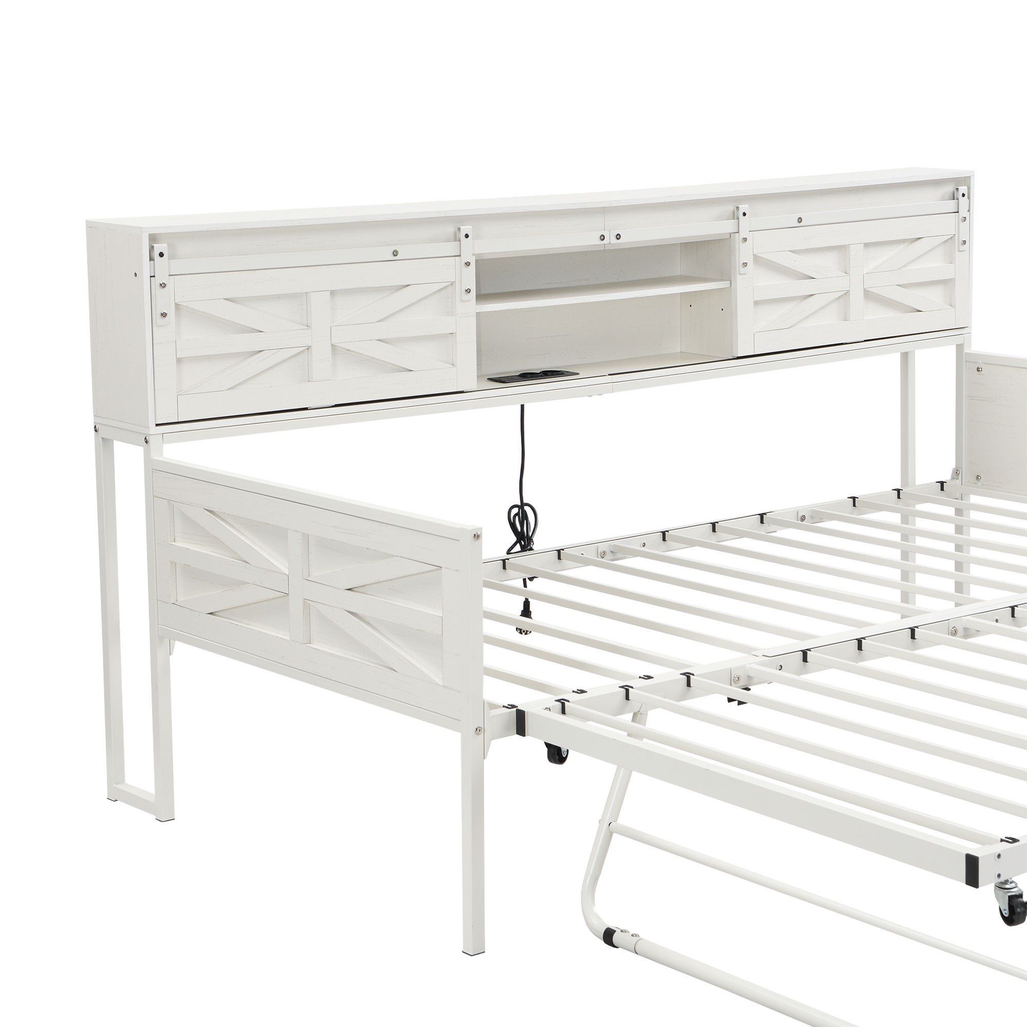 Multifunctional Iron Daybed with Storage Shelves and Pull-out Bed, White/Black Metal