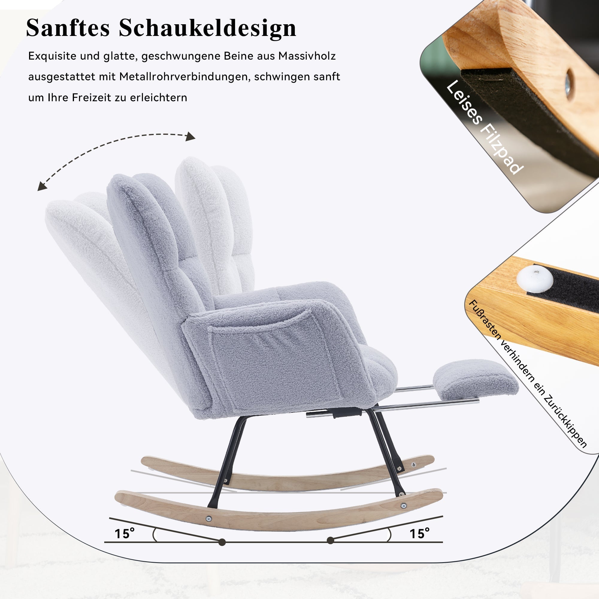 009B Rocking Chair Modern Extendable Footrest, Teddy Fabric Grey