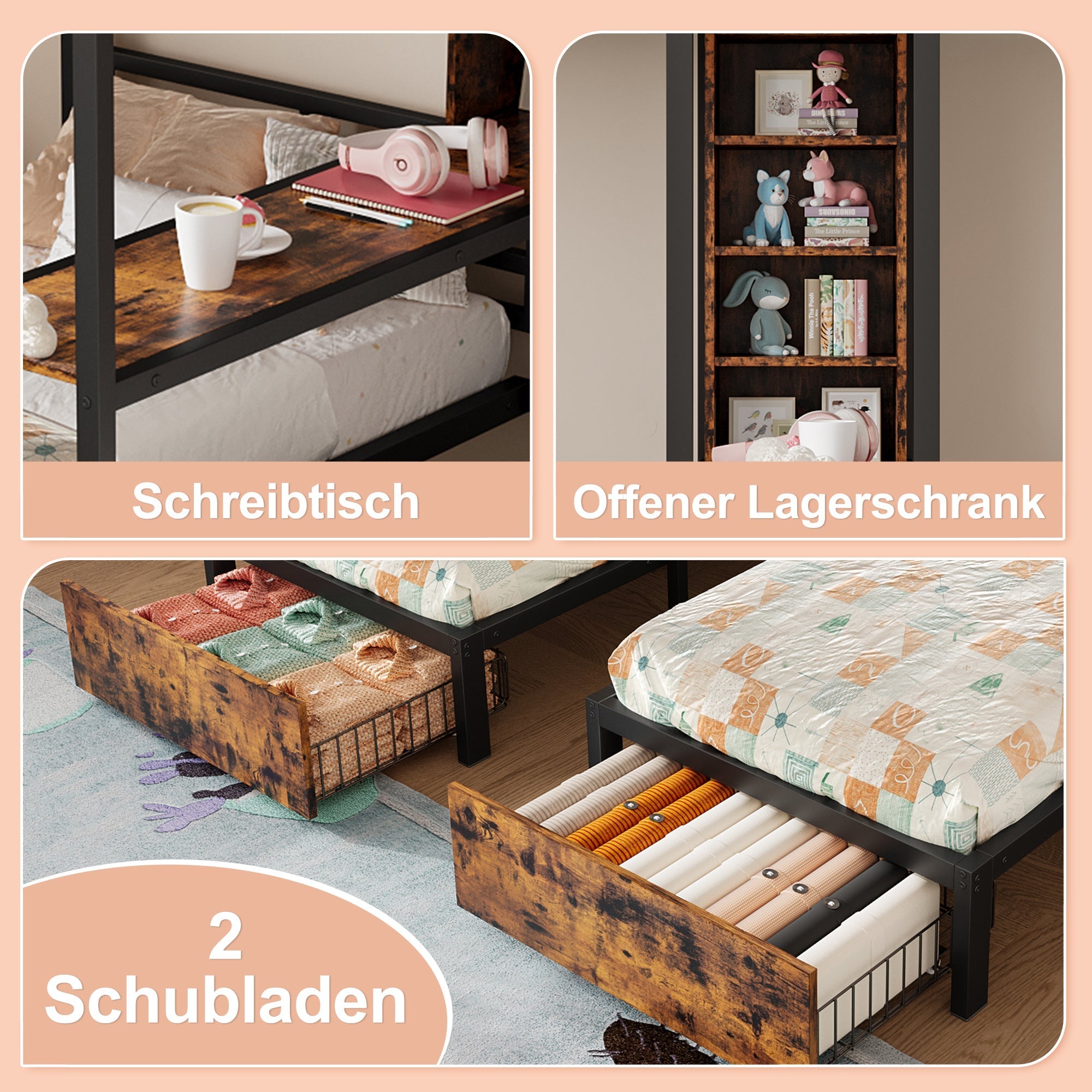 Bunk Bed Triple Sleeper 140x200/90x200cm with Storage Drawers and Shelves Black