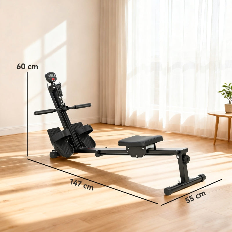 Rowing Machine with LCD Monitor and 150 kg Capacity, Steel Black
