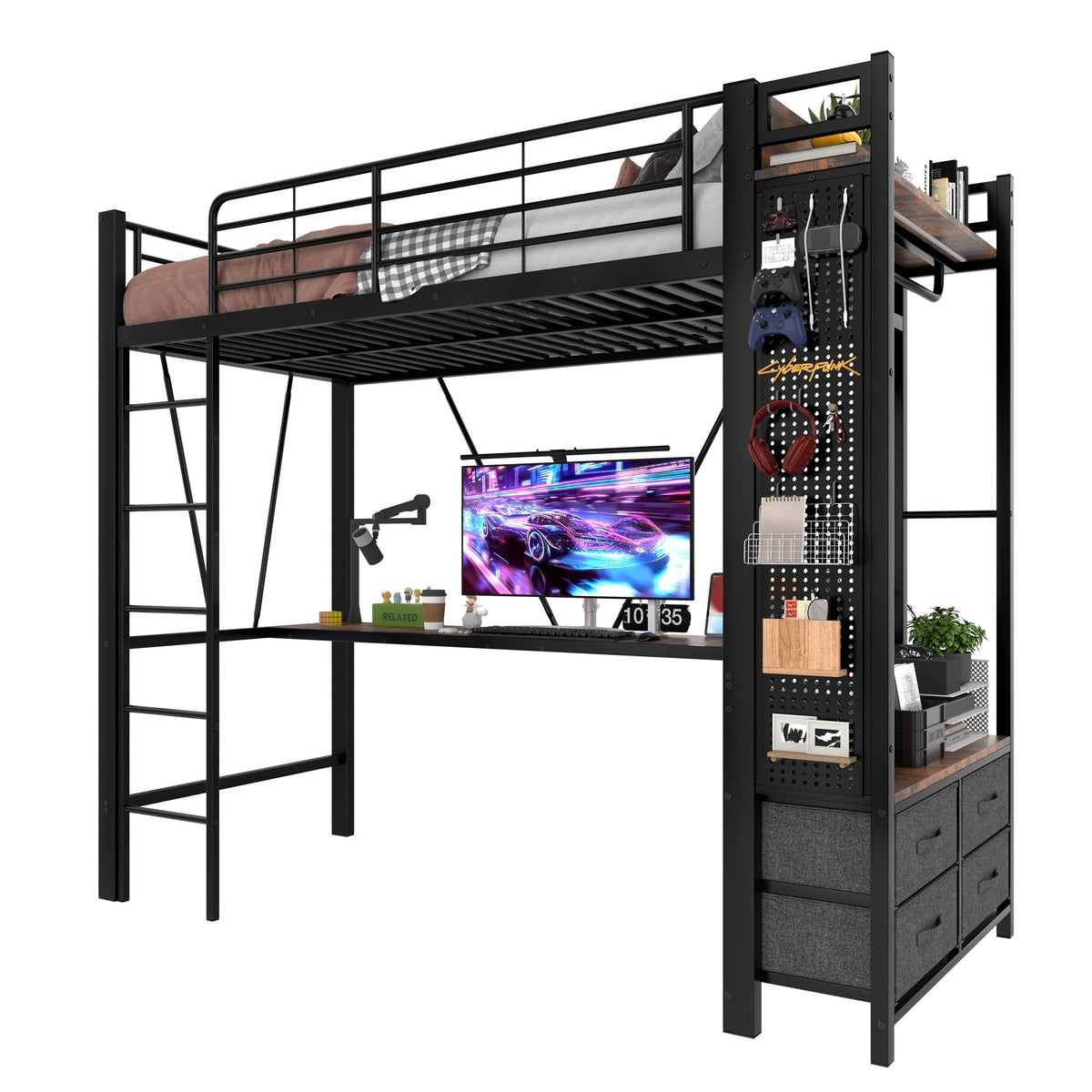 Loft Bed 90x200cm with Desk, Drying Rack, Storage, USB/Type-C & LED - Black Iron Frame