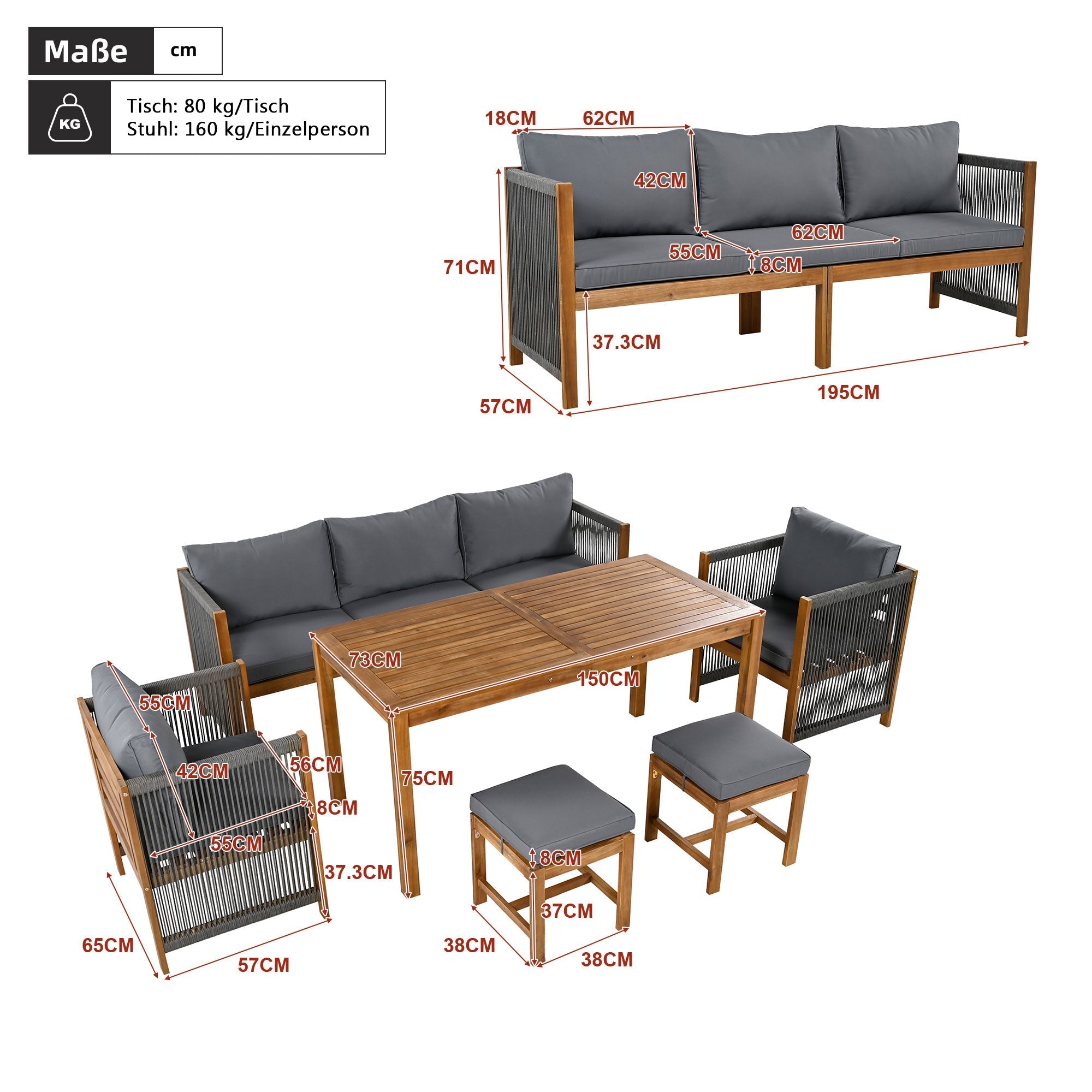 6-Piece Garden Furniture Set with Sofa, Stools and Acacia Tabletop, Grey