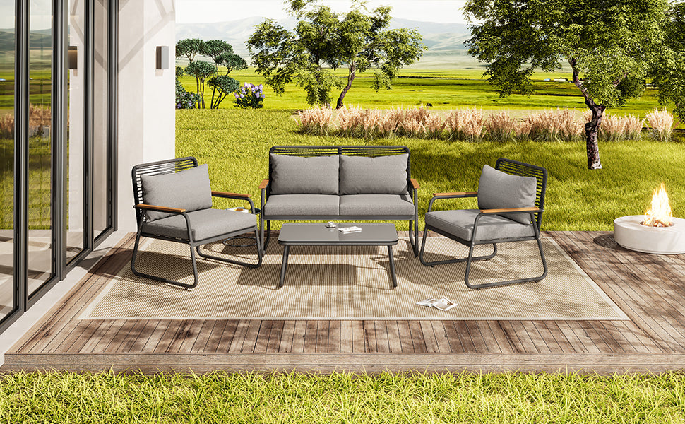 Garden Lounge Set 4-Seater Galvanized Iron Frame Tempered Glass - Grey