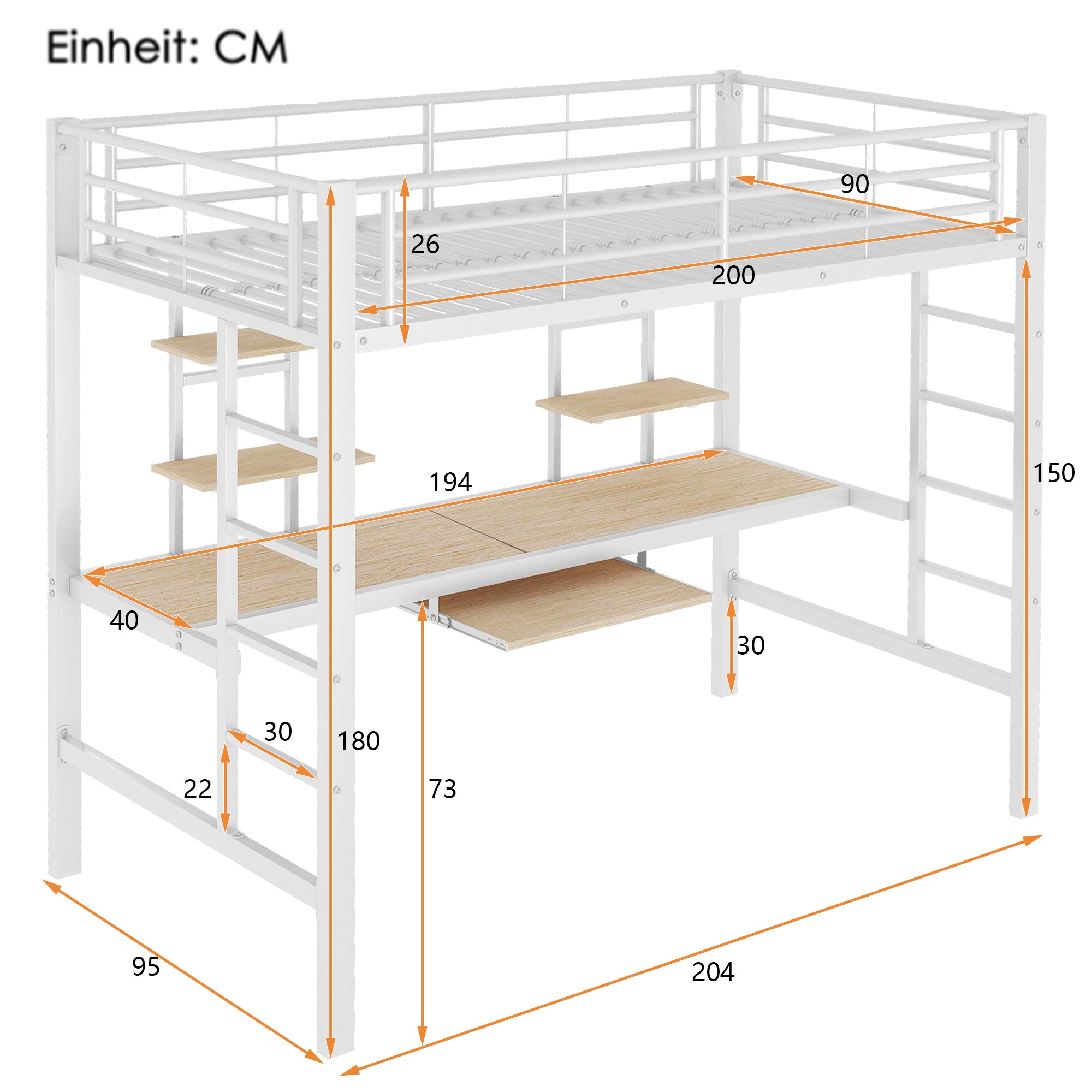 Loft Bed 90x200cm Metal Frame with Desk and 2 Bookshelves White