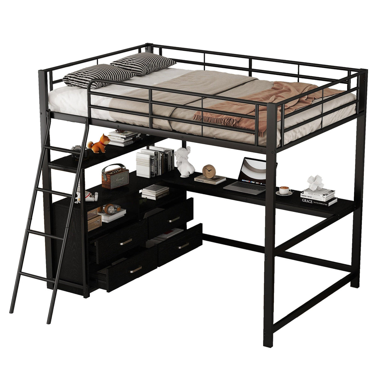 Loft Bed 140x200cm Iron Frame Drawers L-Shaped Desk - Black
