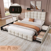 4ft6 Double Upholstered Bed with 4 Storage Drawers & Charging Station, Adjustable Button Tufted Headboard, Beige Velvet