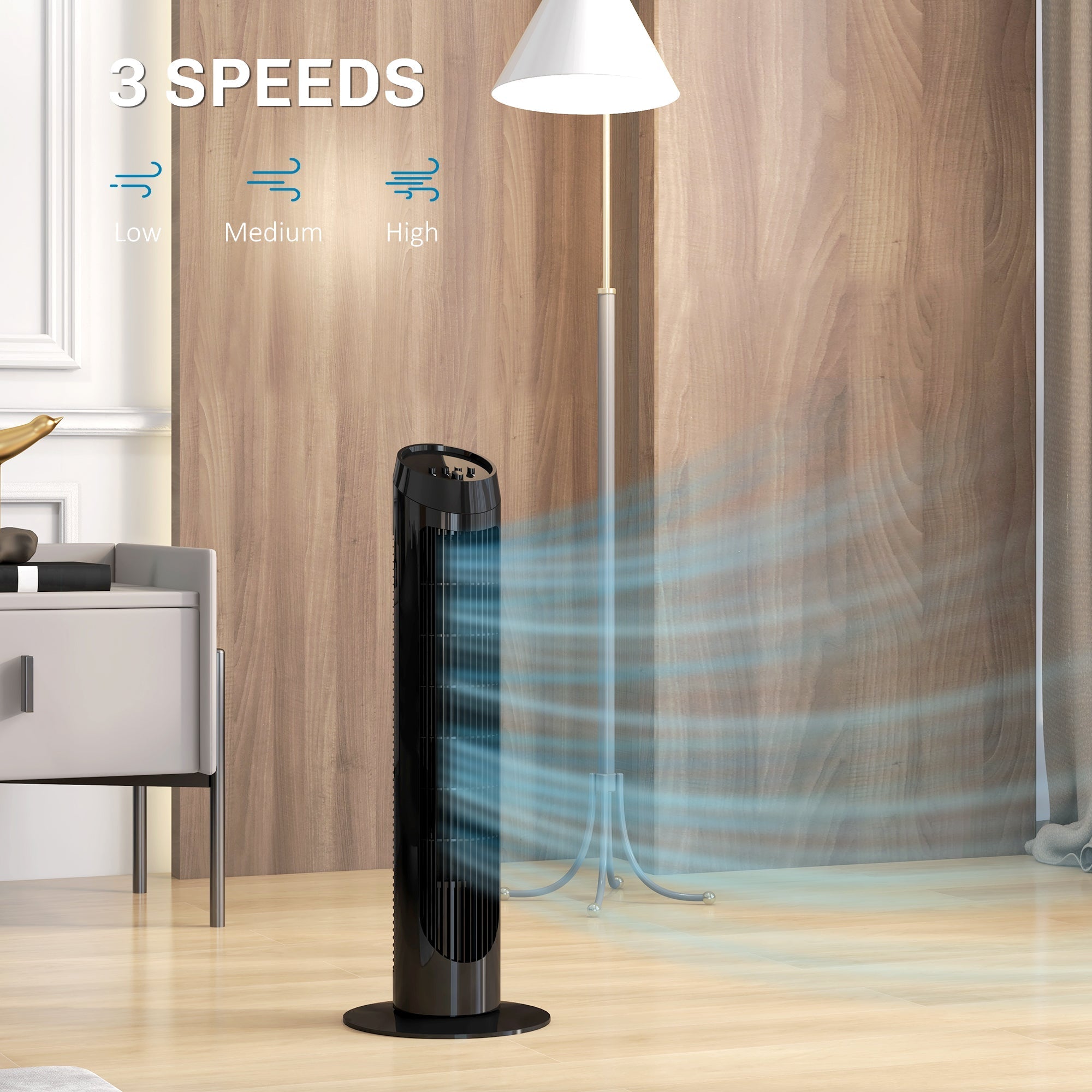 Tower Fan, 45W Quiet 3-Speed 70° Oscillation, ABS Black