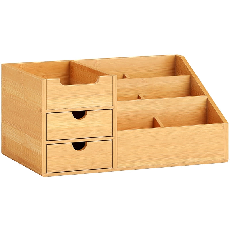 Desk Organiser Holder, Multi-Function 7 Compartments 2 Drawers Storage Caddy, Natural Bamboo