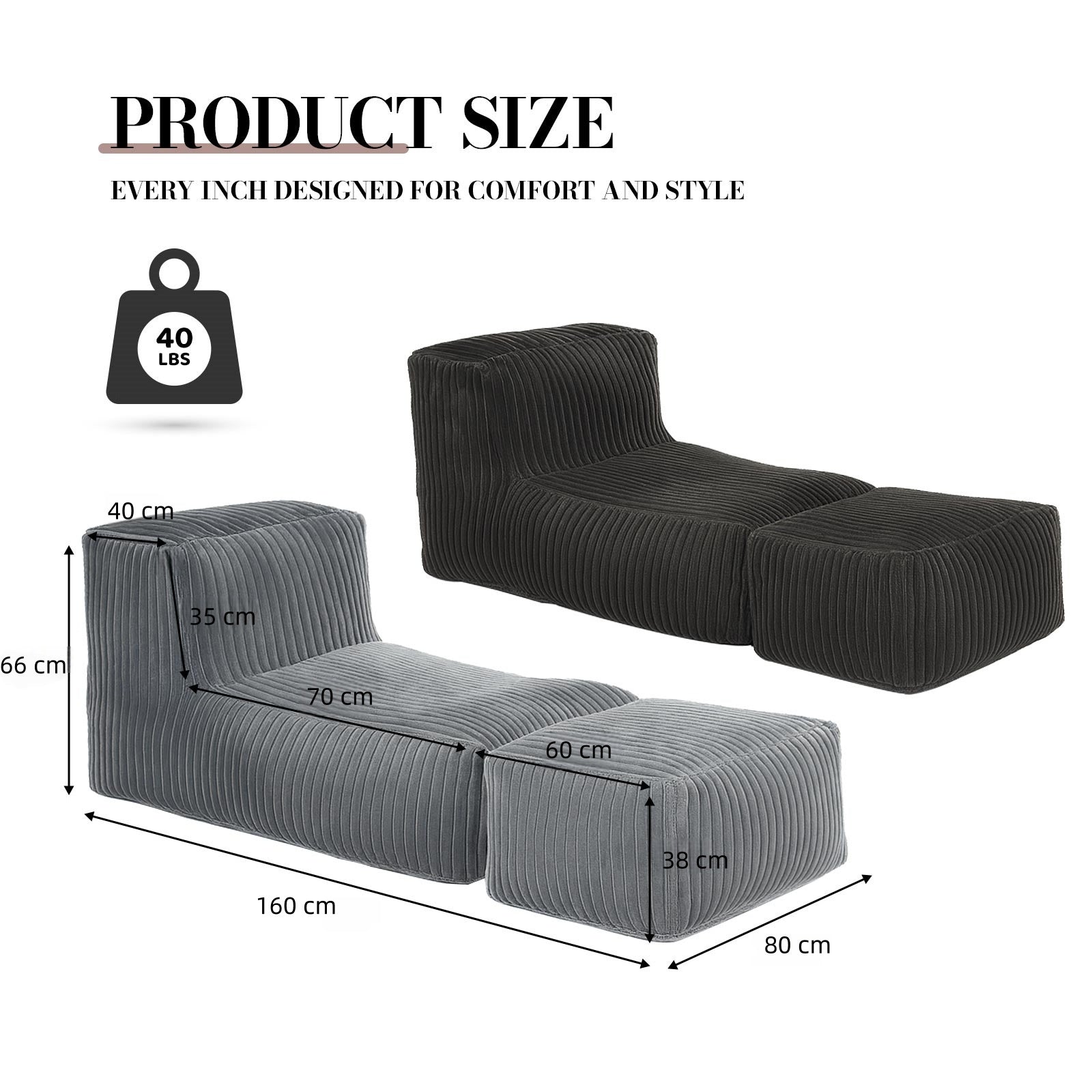 Modular Bean Bag Lounge Sofa w/ Ottoman, Ergonomic Support, Removable Cover, Corduroy