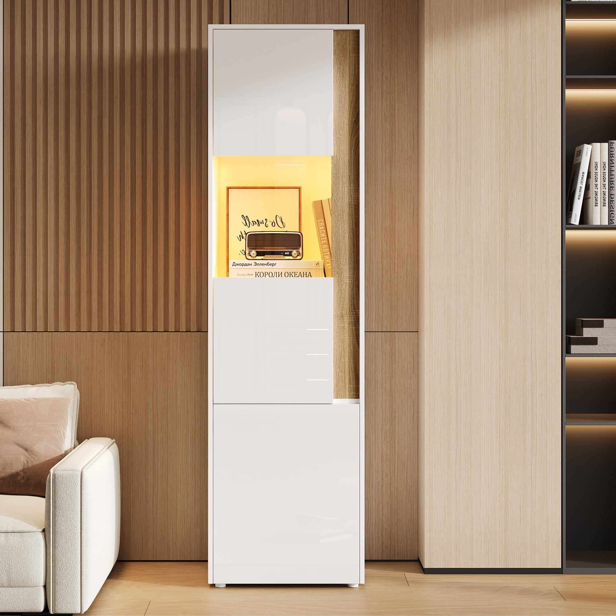 Display Cabinet Tall Storage Unit with LED Lighting 2 Doors White/Natural