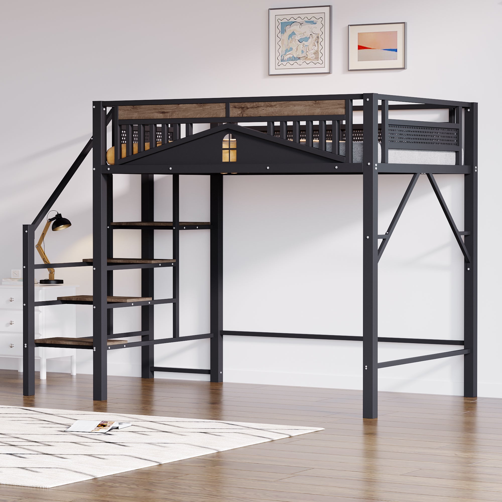 Metal Loft Bed, 140x200cm, Window Design, Safety Ladder, Storage, Black