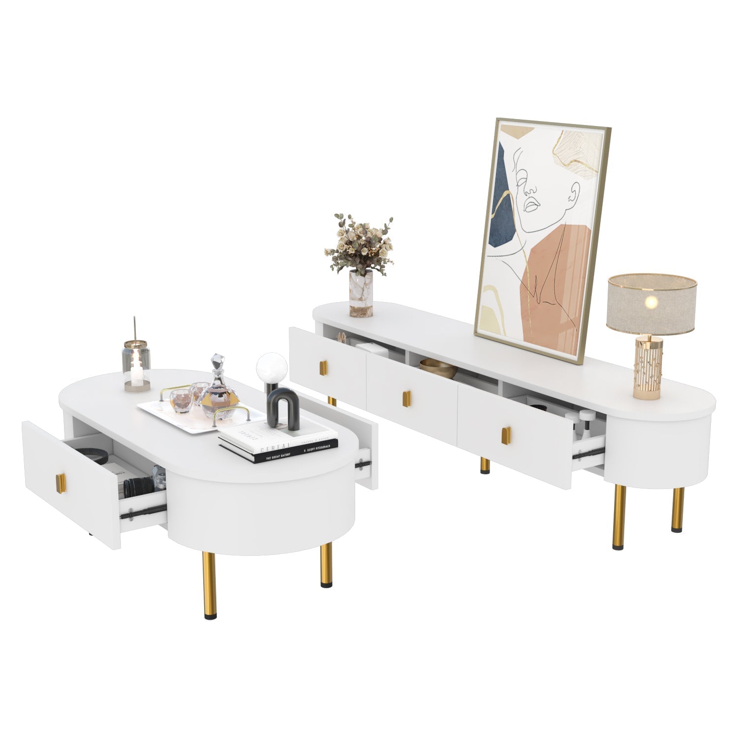 TV Cabinet Coffee Table Set, Luxury Living Room Combination with Drawers, Rounded Corners, White and Gold