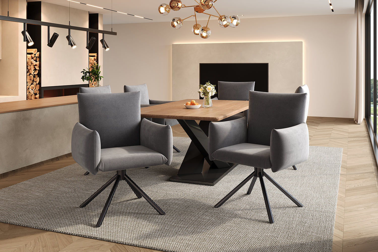 Set of 2 Swivel Chairs Upholstered Metal Legs Lumbar Support - Velvet Grey