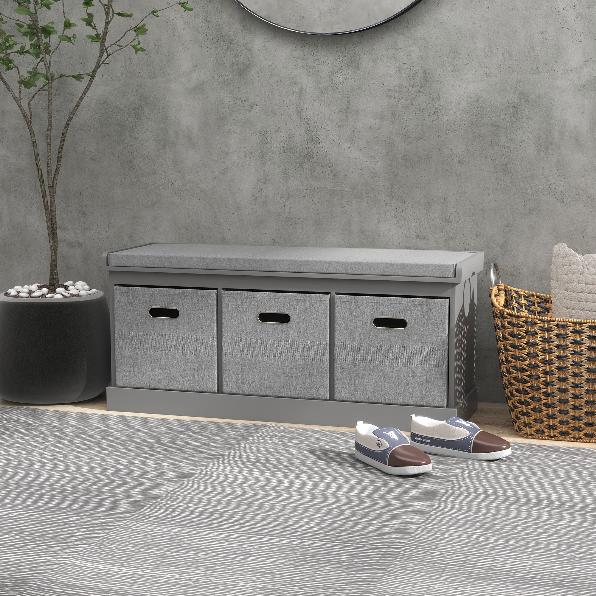 Shoe Storage Bench Three-Drawer Padded Top Grey