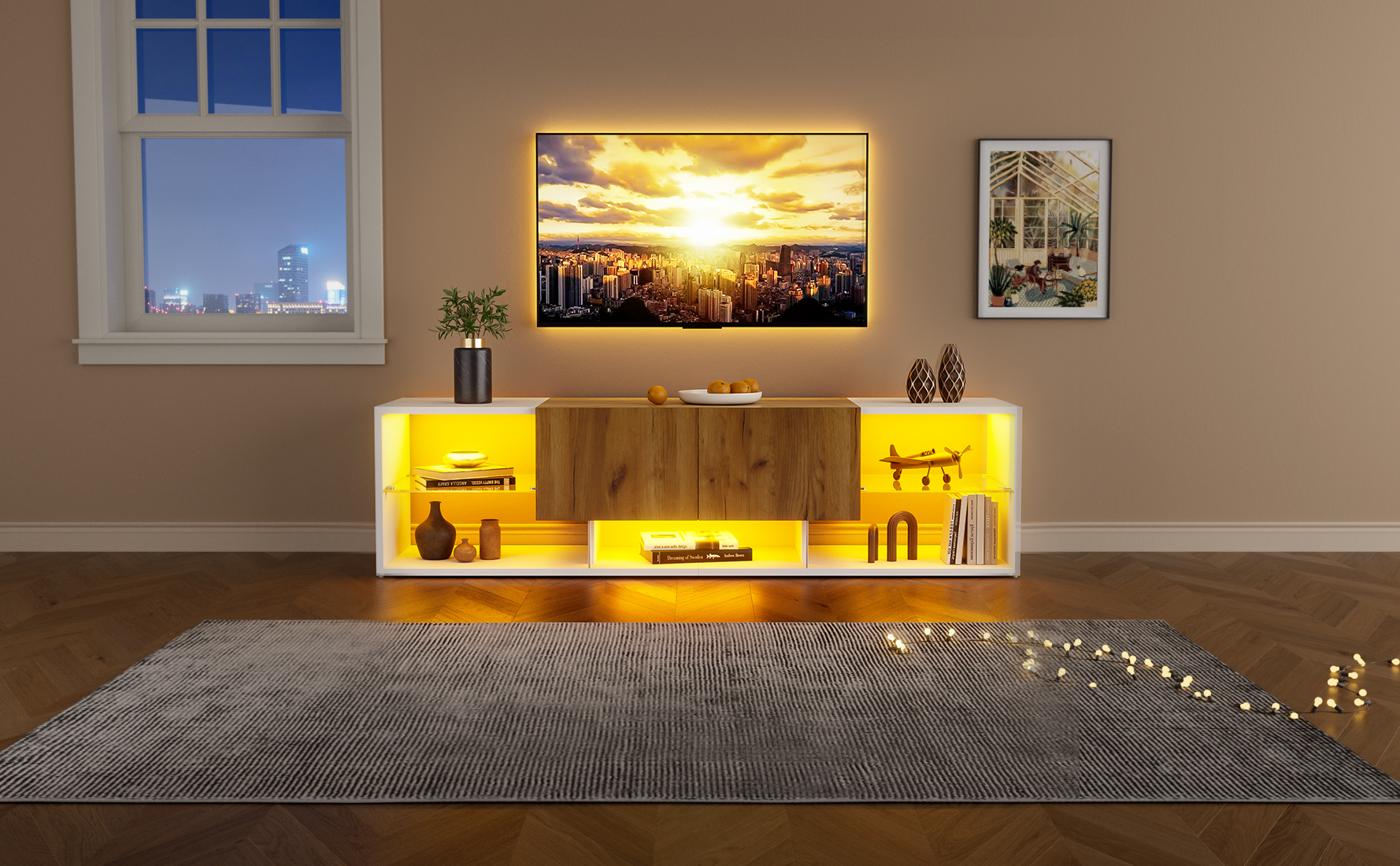 TV Stand 2-Drawer LED for 70 Inch TV, Wood and White MDF