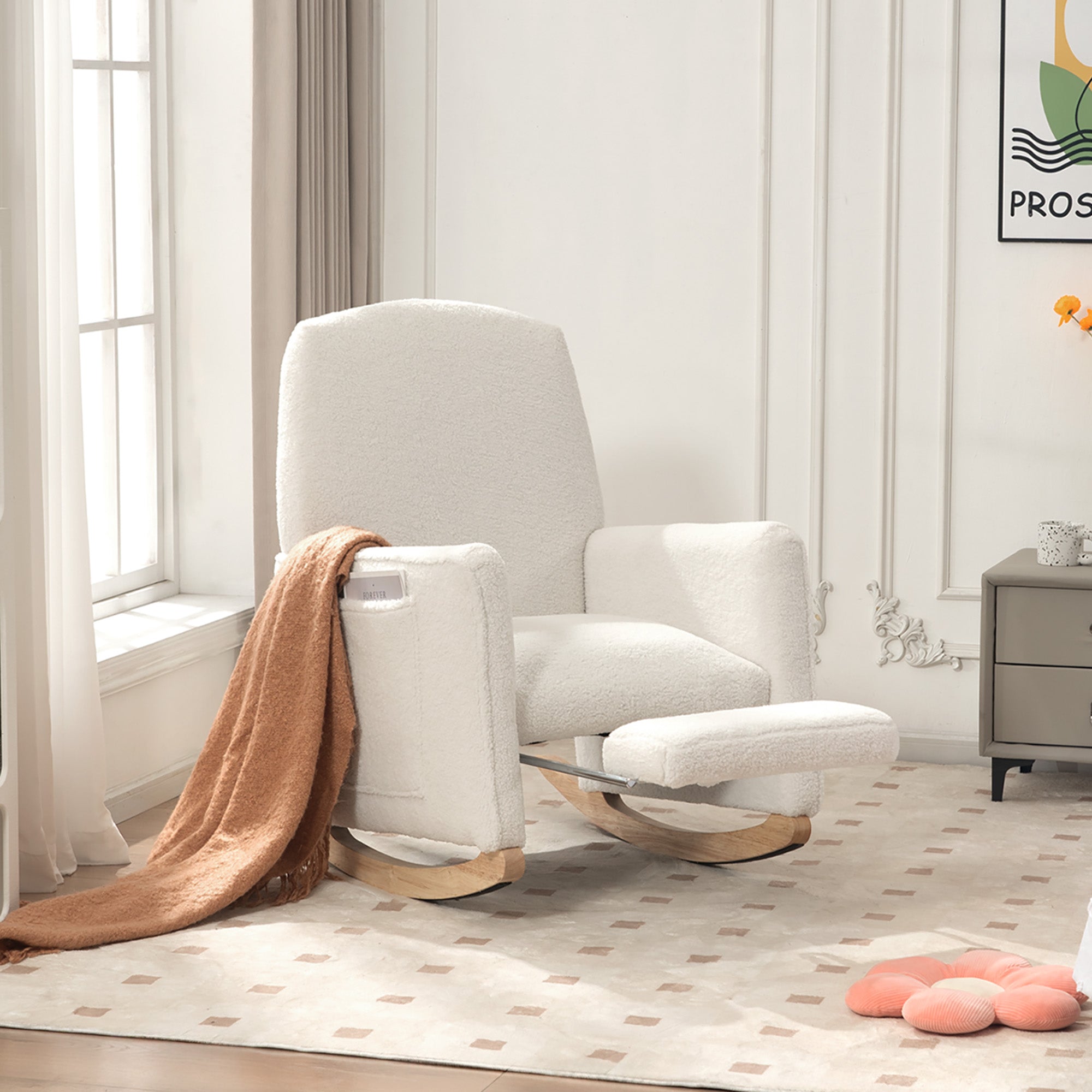 044 Rocking Chair with Stool, Recliner, High Back, White Teddy Fabric