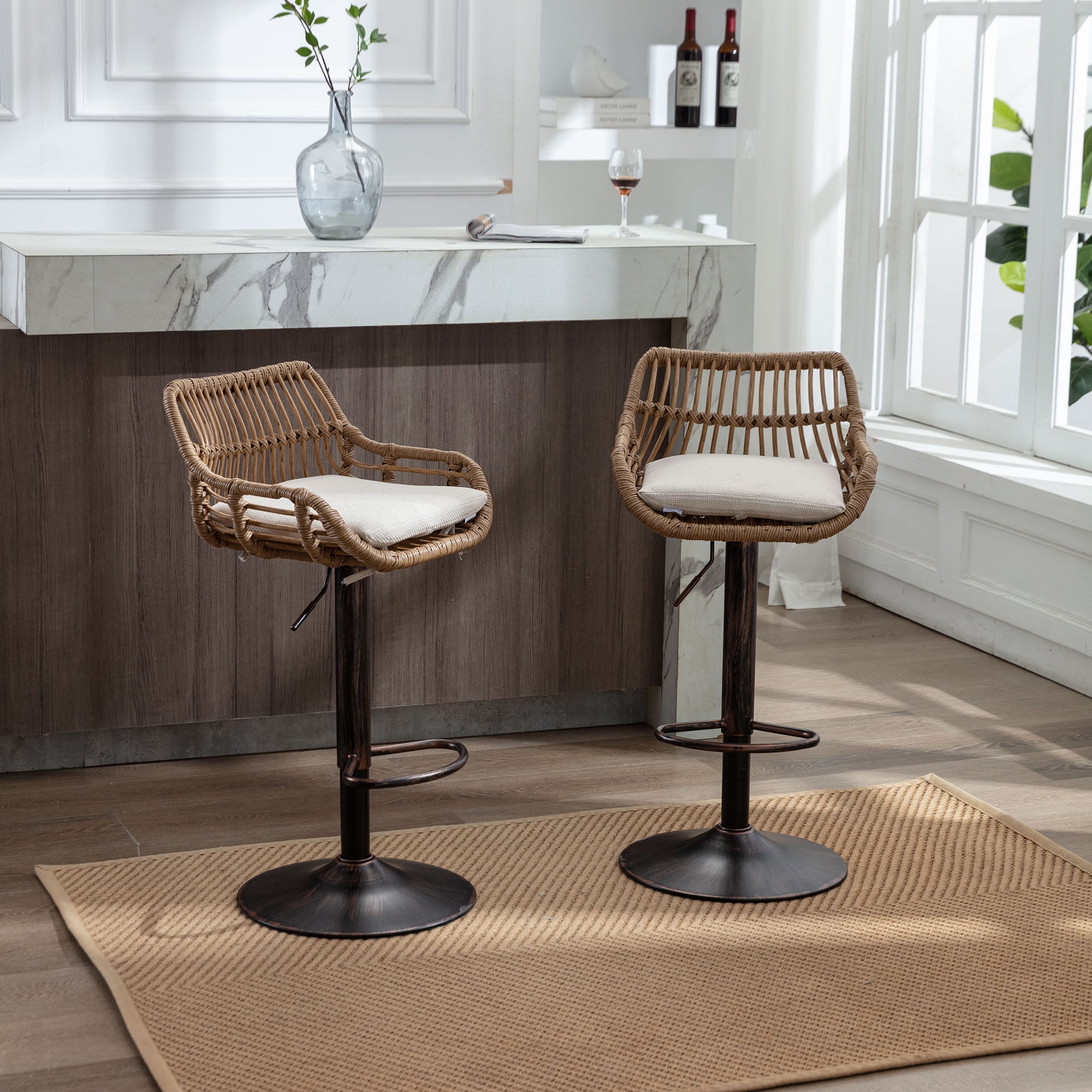 Modern Bar Stool Set of 2, Adjustable with Footrest, Beige