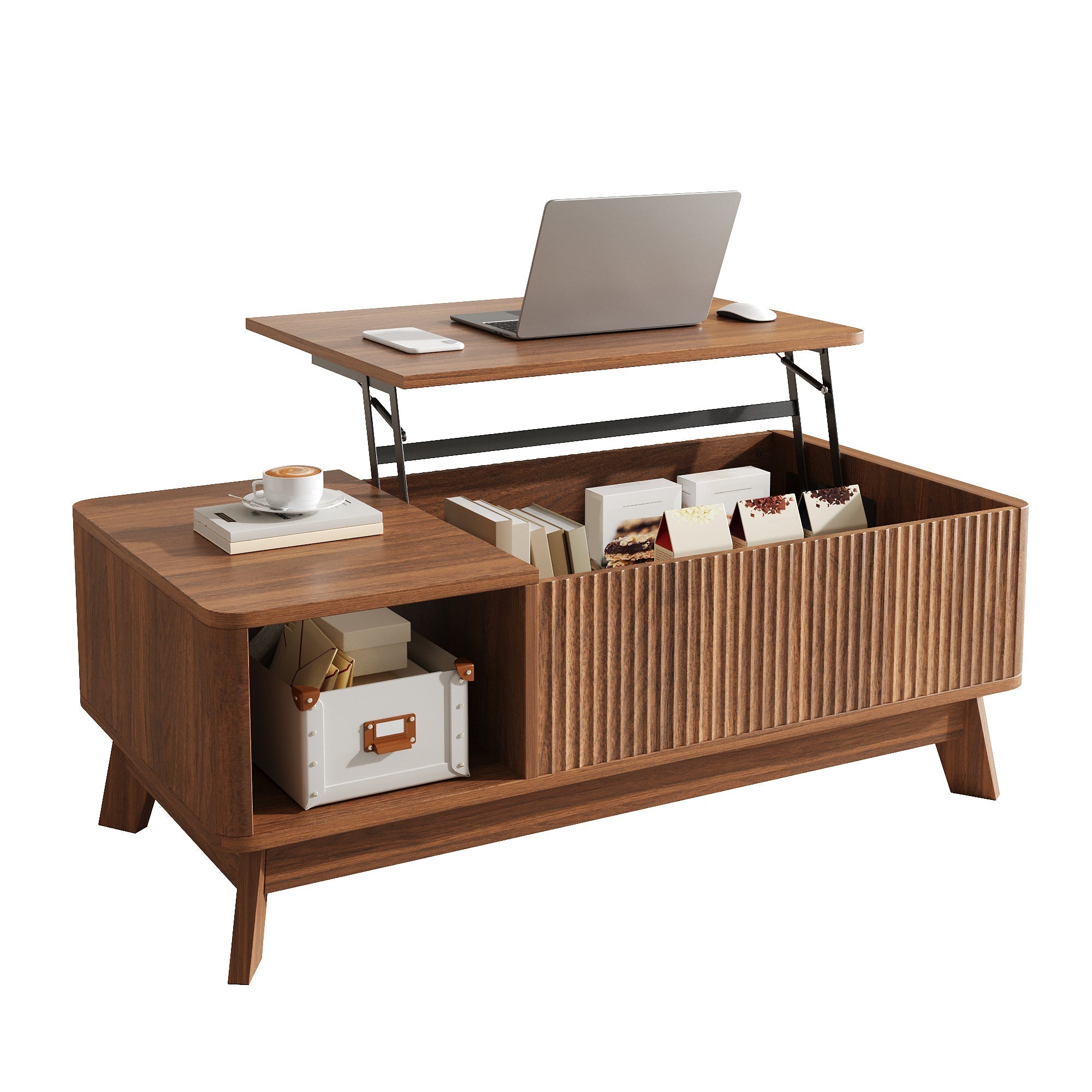 Coffee Table with Lifting Mechanism, Wave Design and Side Compartment, MDF Material