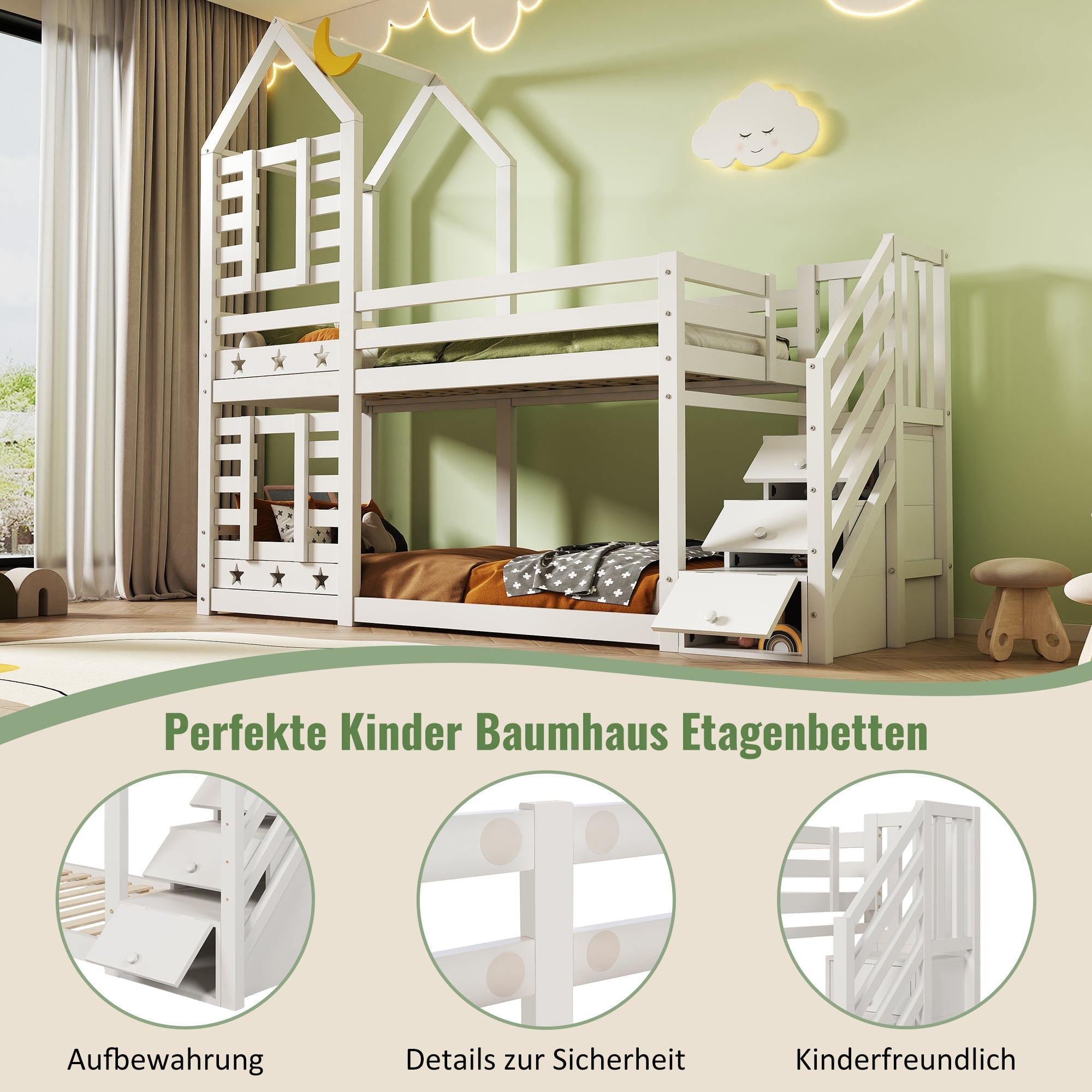 Children's Bed, Tree House Bunk Bed with Drawers & Fall Protection, White