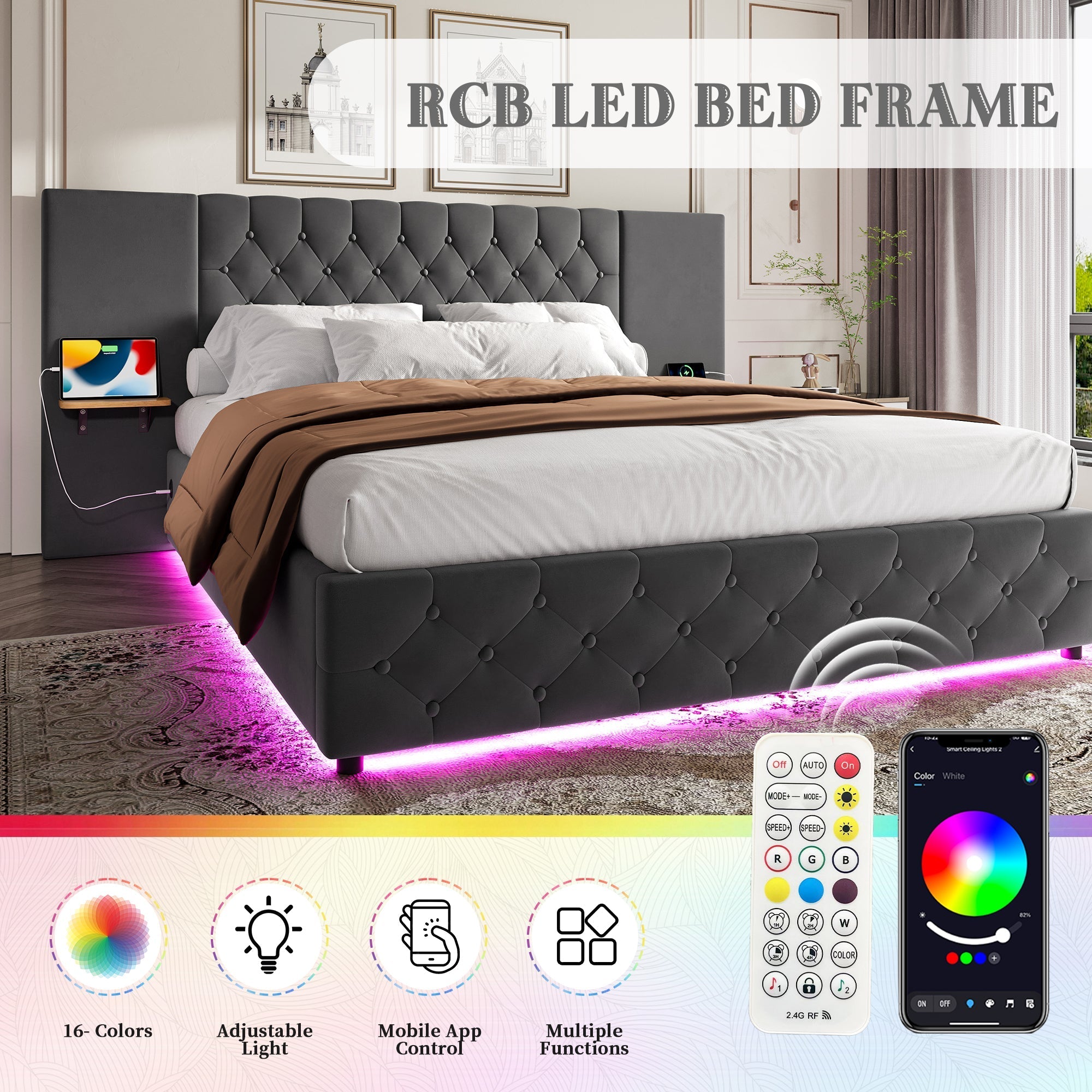 Modern Bed Frame 150x200cm, Wide Headboard, LED, USB-C Ports, Hydraulic Storage, Gray
