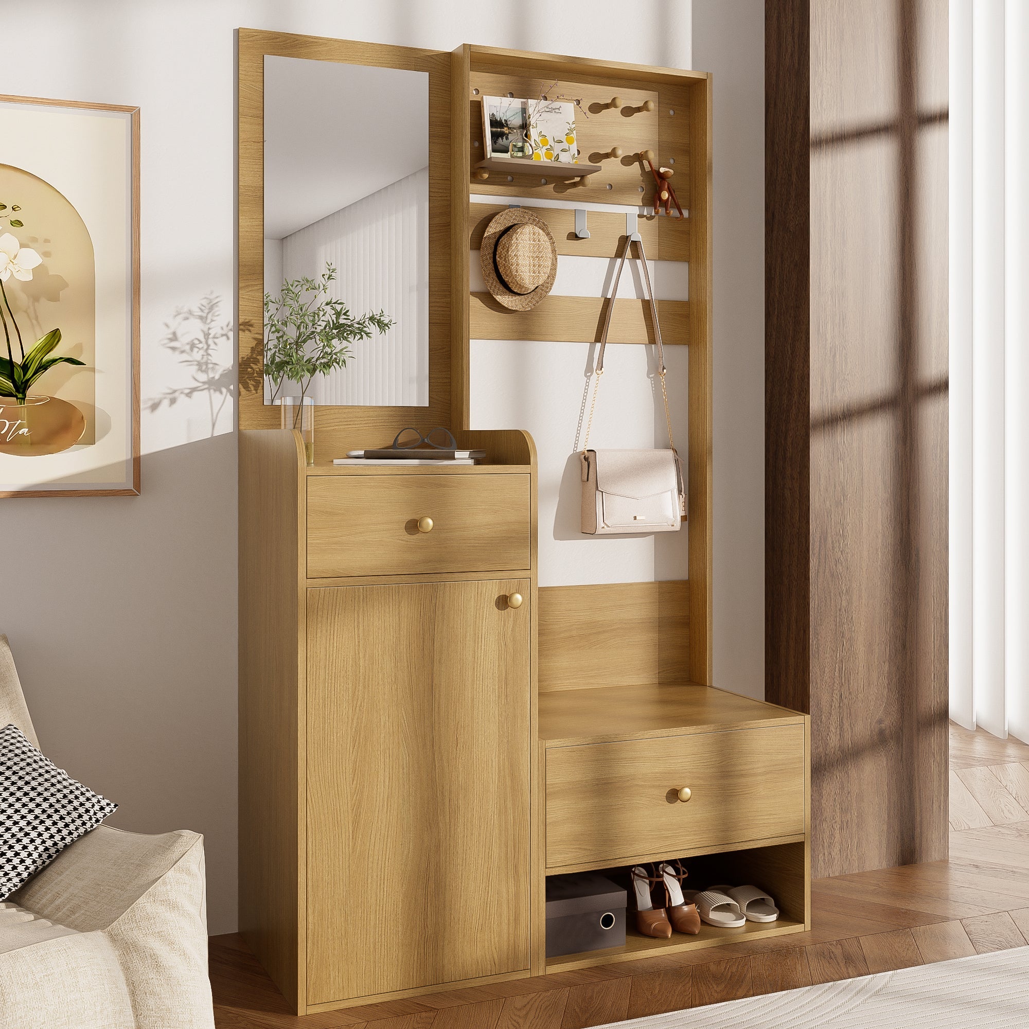 Compact Wardrobe, Entryway Shelf with Mirror, Adjustable Hooks, Wood-Coloured