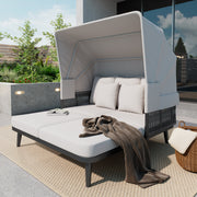 2-Person Garden Sun Lounger with Retractable Awning and Handwoven Rope, Grey