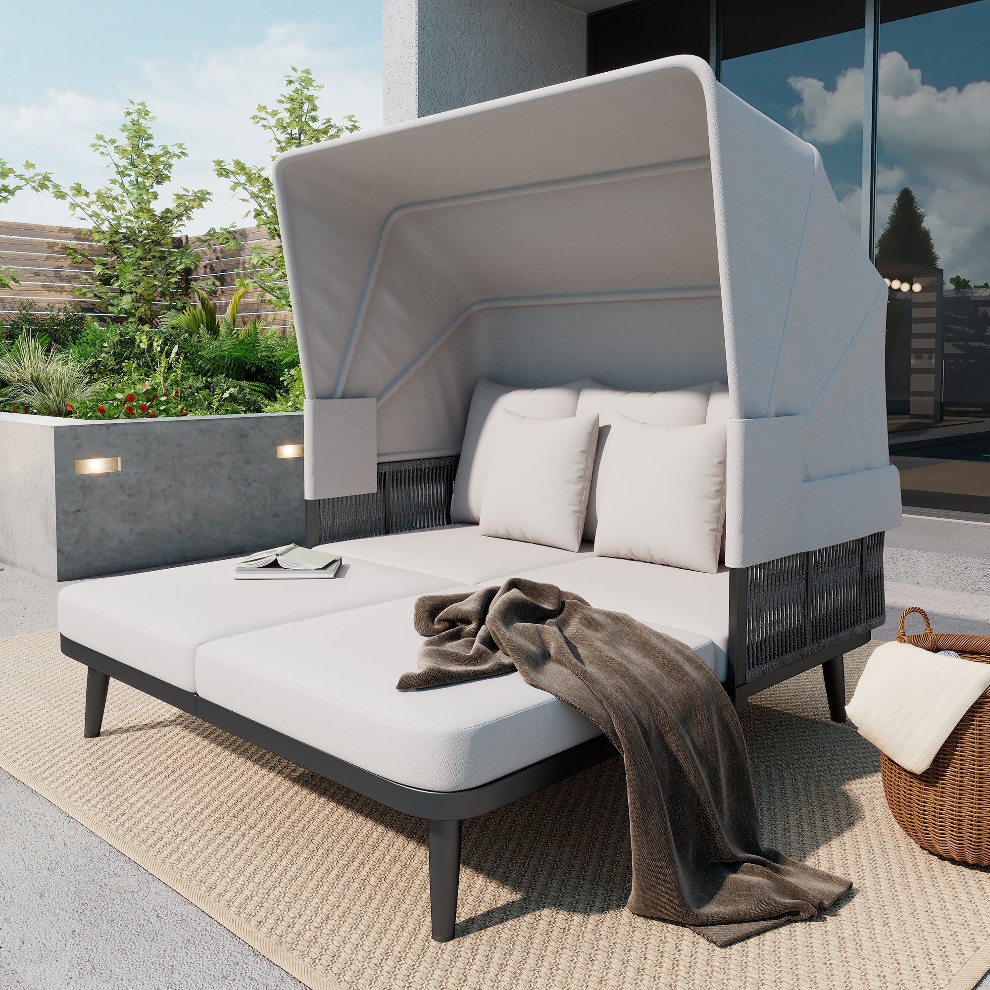 2-Person Garden Sun Lounger with Retractable Awning and Handwoven Rope, Grey