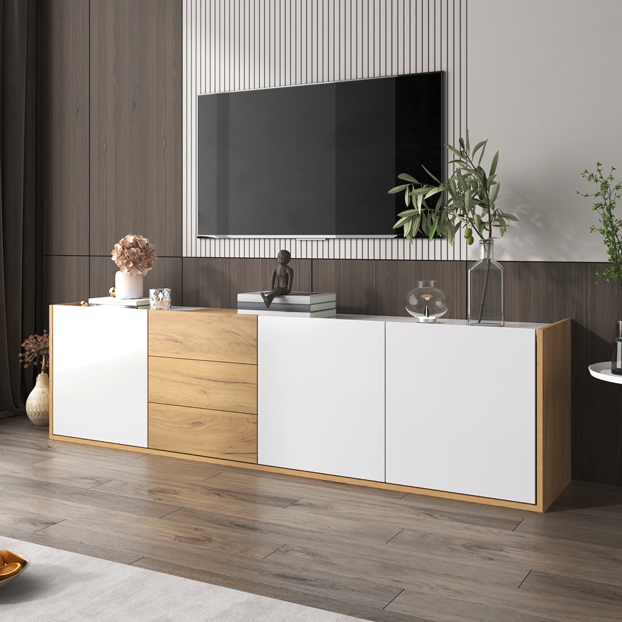 TV Cabinet, Low Panel Wall/Floor Mount, White and Wood