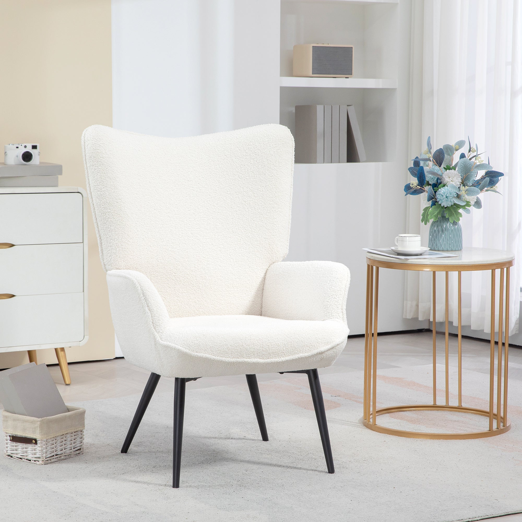 Wingback Chair, Recliner with Armrests and Metal Legs, Cream White