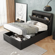 Upholstered Bed 90x200 Hydraulic Storage Concealed Headboard - PU Black