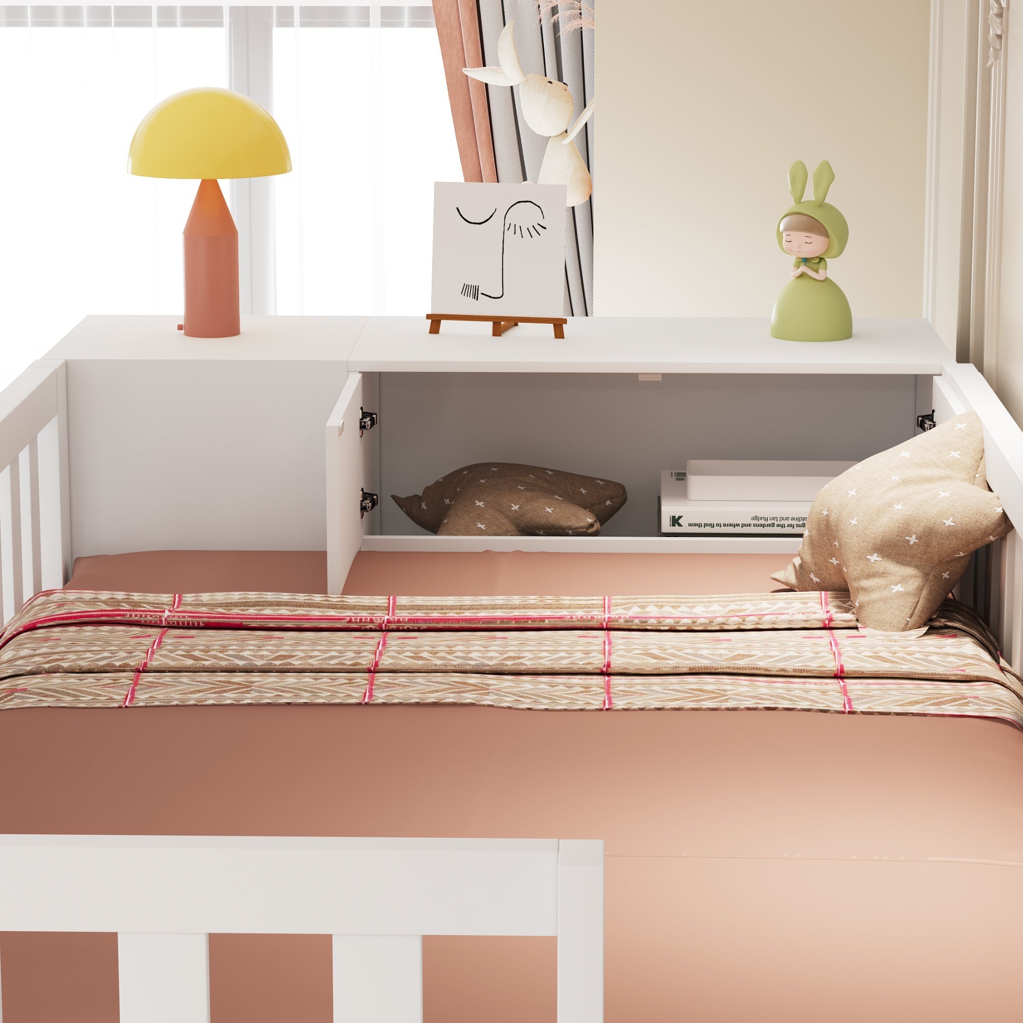 Loft Bed with Storage Stairs, Shelves and Wardrobe, Solid Wood White and Wood Color