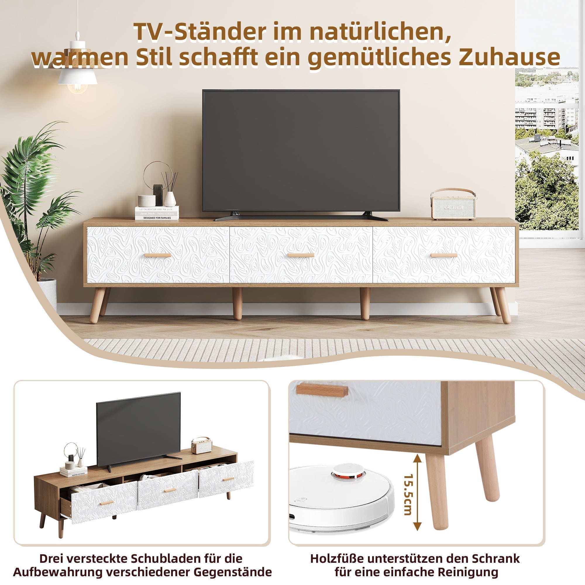Vintage TV Low Panel Wooden Cabinet/Table 150*35*39cm, Light Wood/White