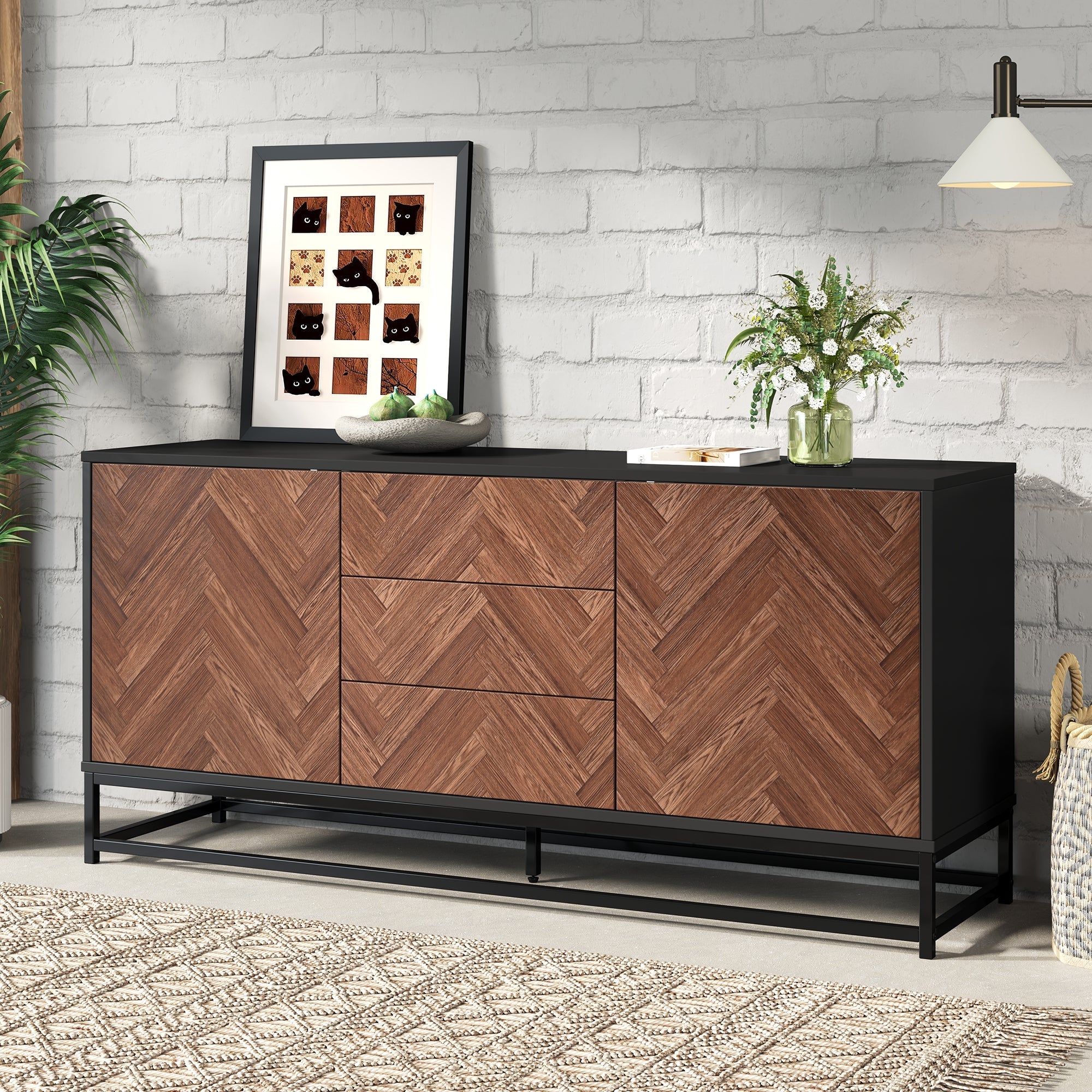 Living Room Sideboard 145cm 3 Drawers 2 Doors Adjustable Dividers - Wood/Black