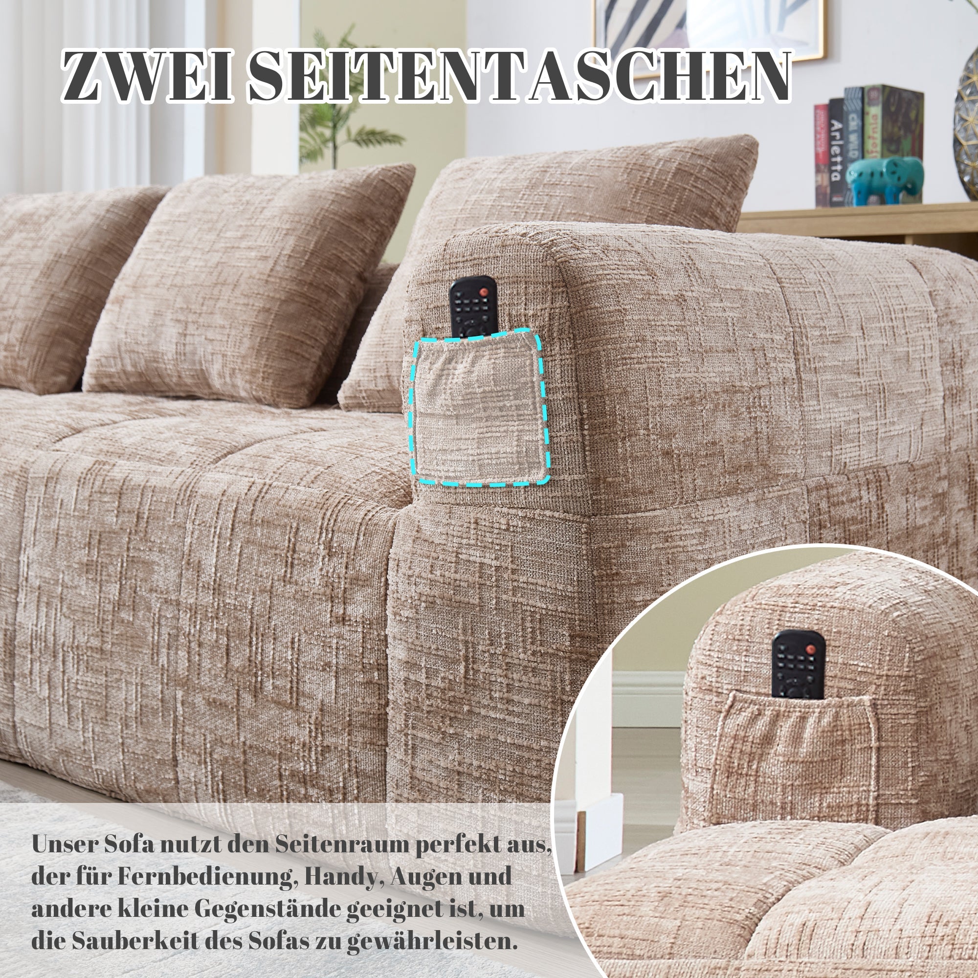 Modern Sectional Sofa L-Shaped 3-Seater Chaise Lounge Chenille Khaki
