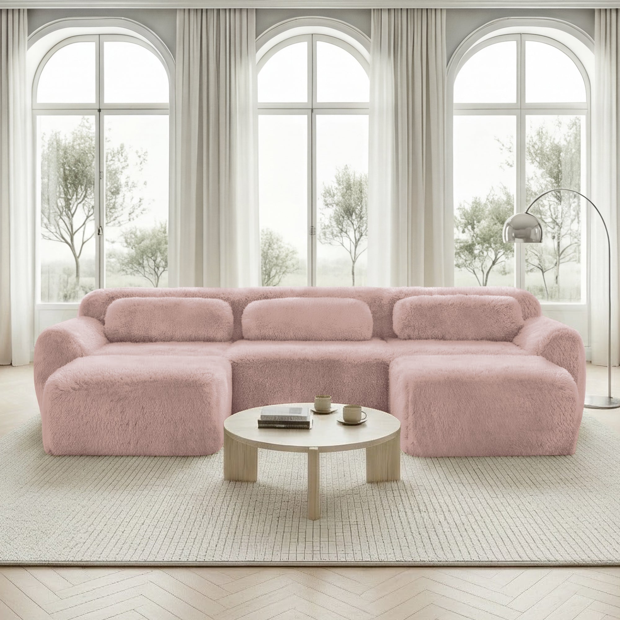 U-Shaped Modular Sofa Plush No Assembly High-Resilience Foam - Pink