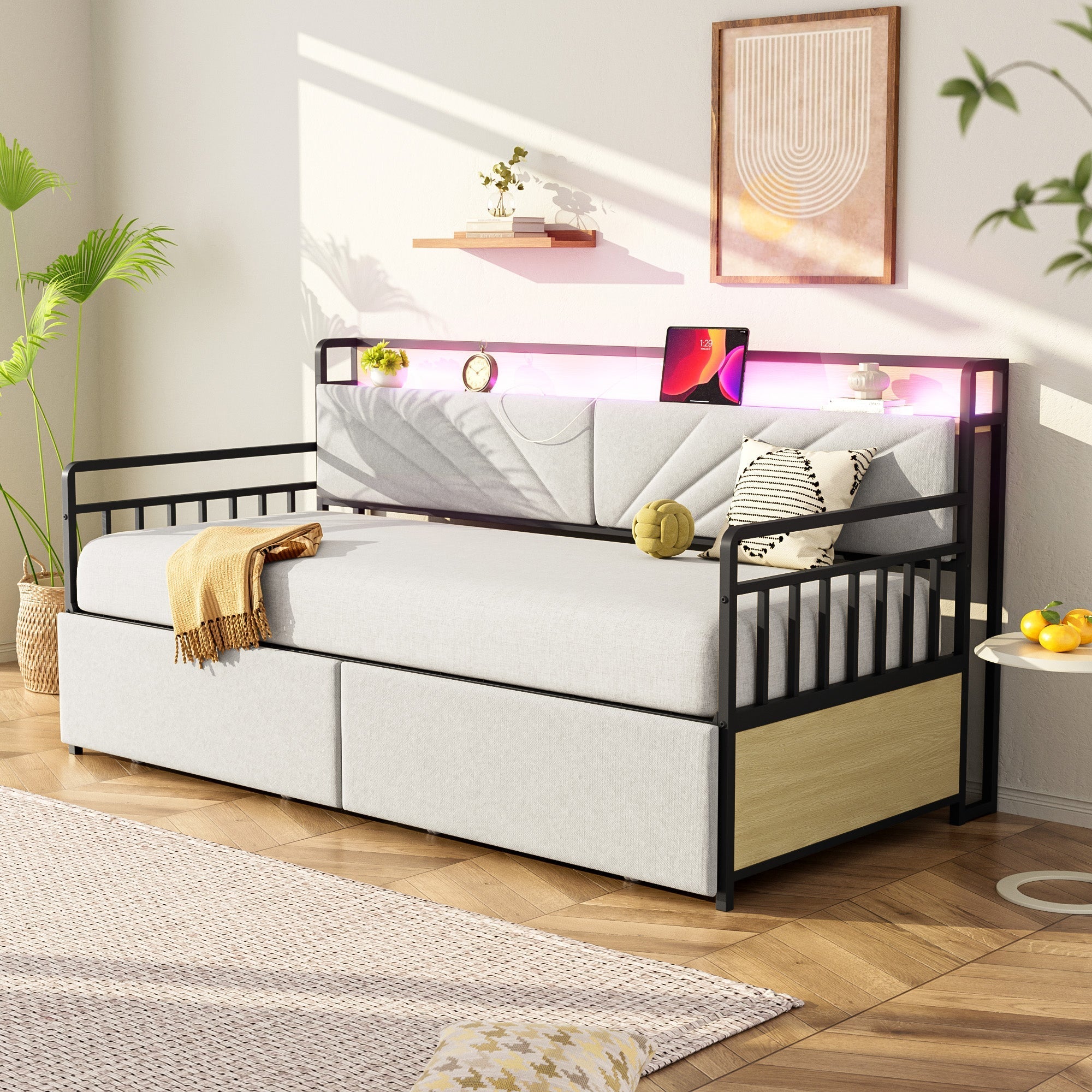 Sofa Bed, 90x200 cm LED, Shelves & Drawers, Beige Iron