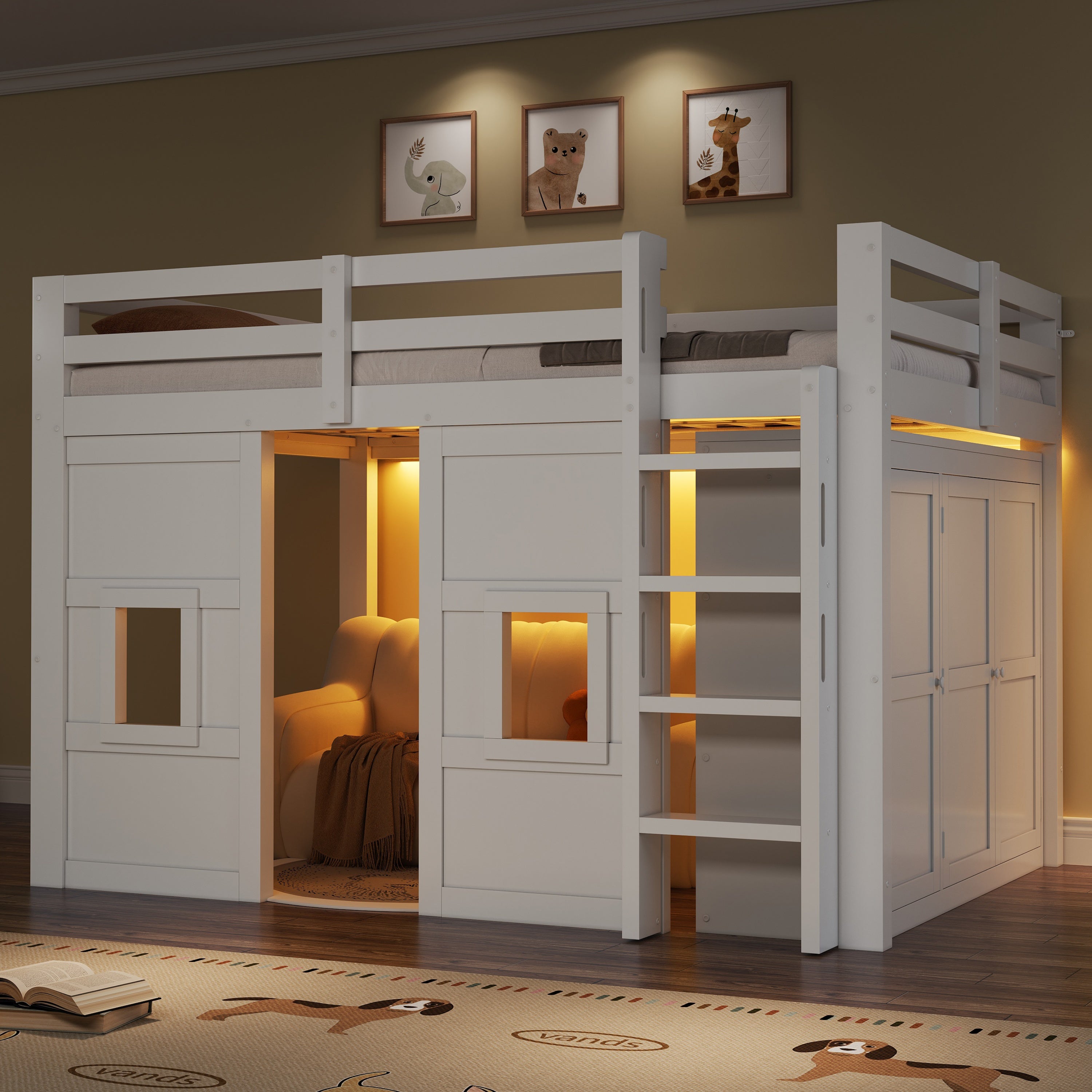 Loft Bed with Integrated Wardrobe, 2 Windows and LED Lighting, 140x200cm, White Wood