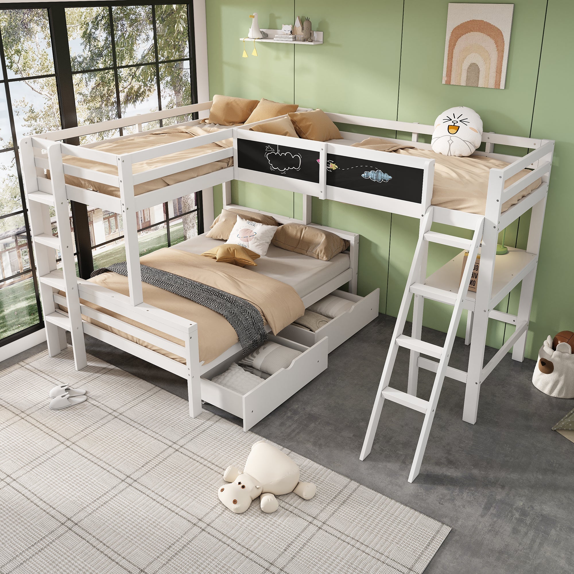 Children's Loft Bed with Desk, Shelf and Drawers, Sleeps Three, 90x200cm and 140x200cm, White Pine Wood