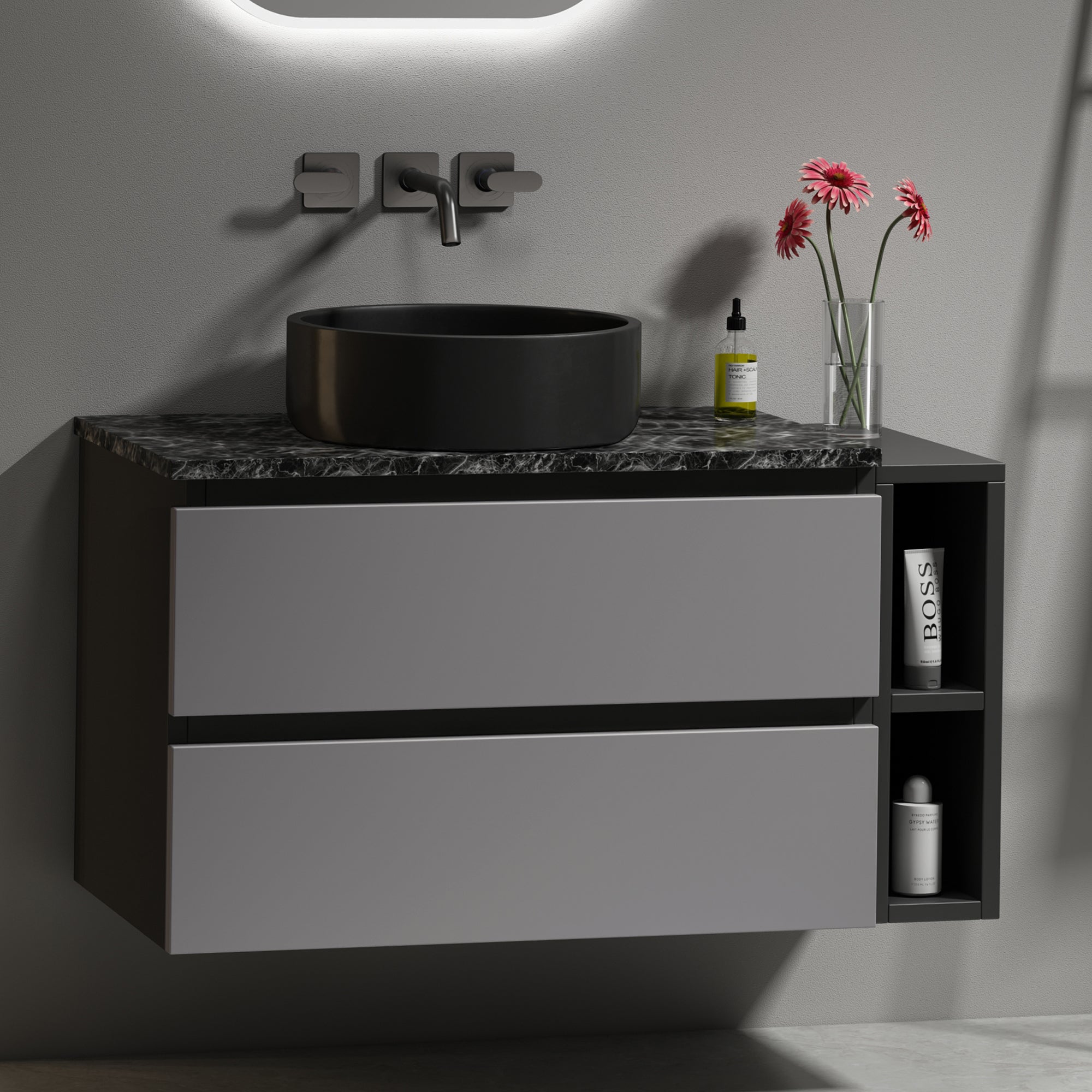 Wall-Mounted Vanity Unit 80cm Wide Ceramic Sink Drawers, Black/Grey