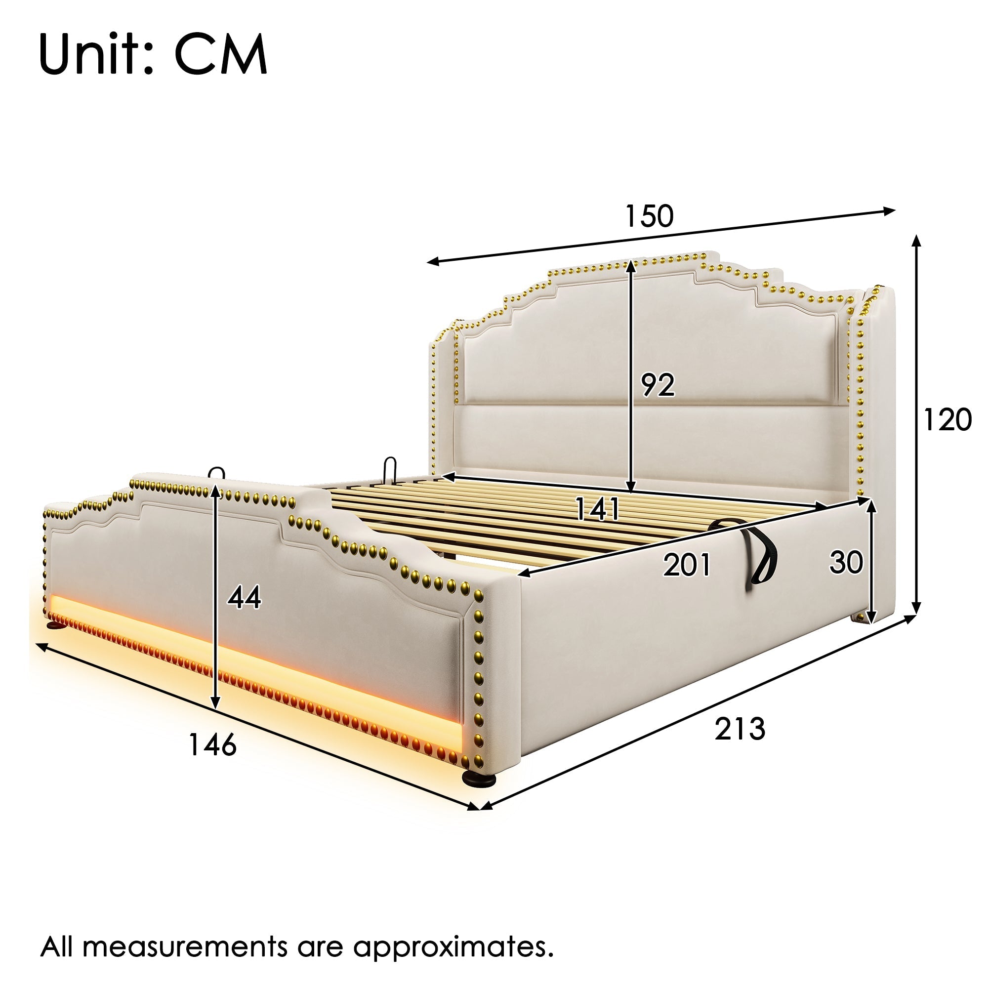 Upholstered Bed 140x200, Hydraulic Storage, LED, USB-C, Velvet Beige