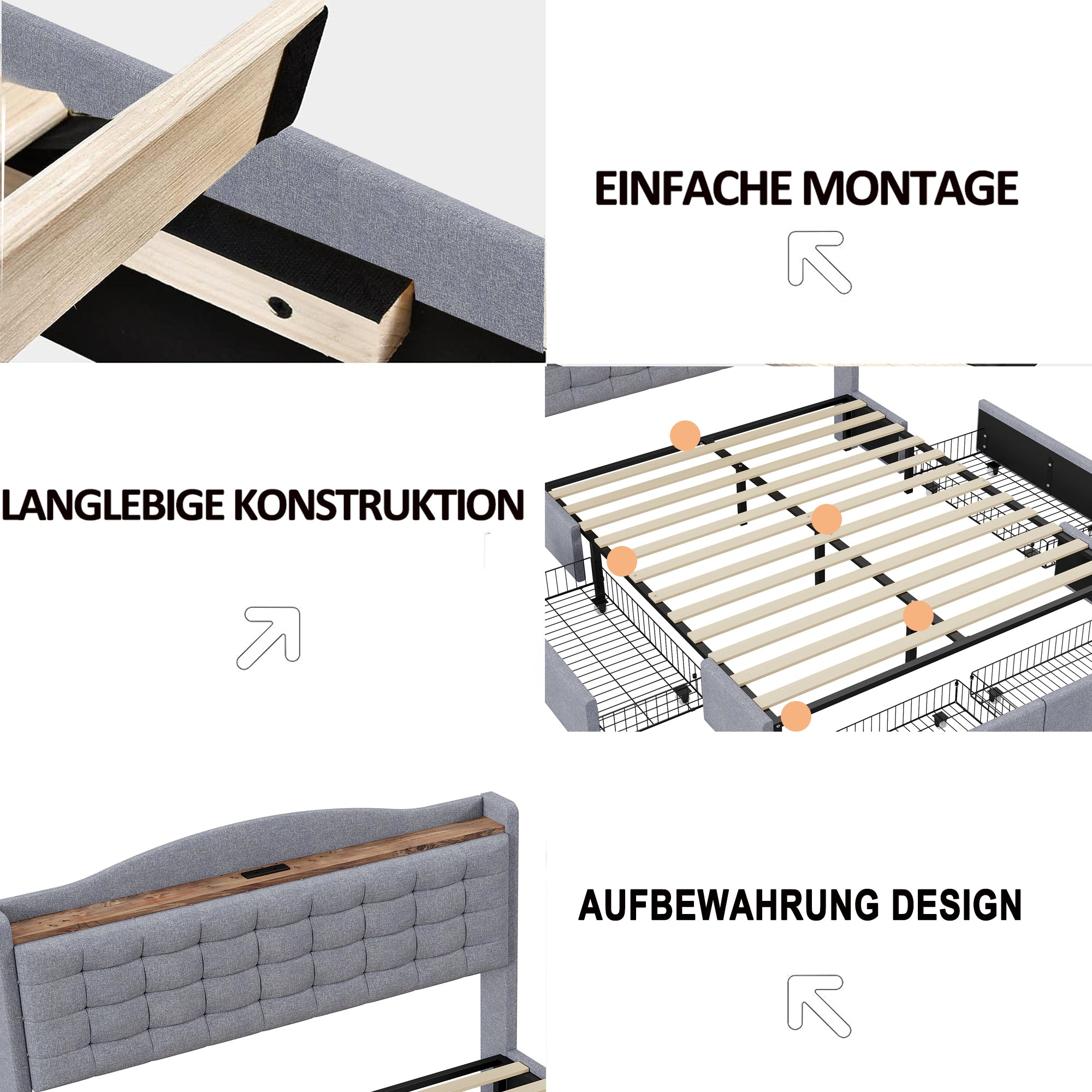 Upholstered Bed 160x200cm, USB Charging, 4-Drawer, Linen Fabric Gray
