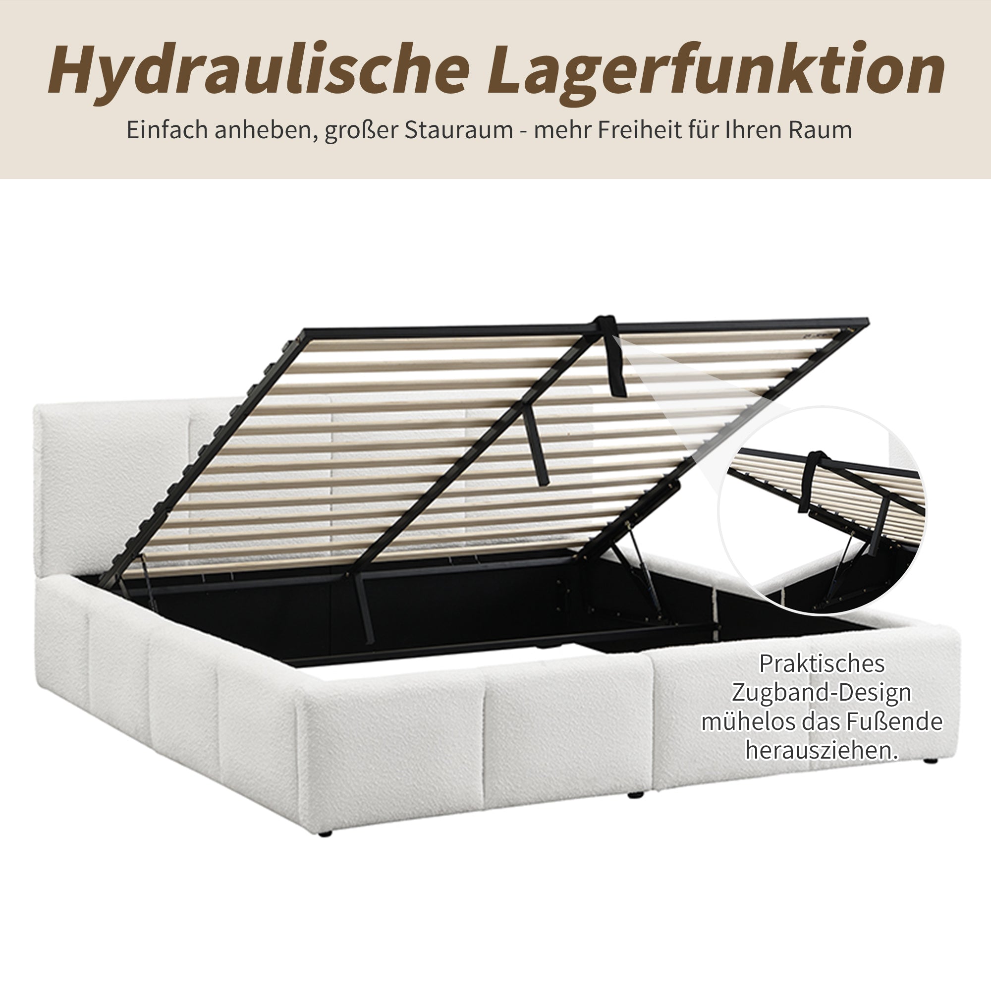 Upholstered Double Bed with Hydraulic Storage and Slatted Frame, 180x200cm, Beige Bouclé