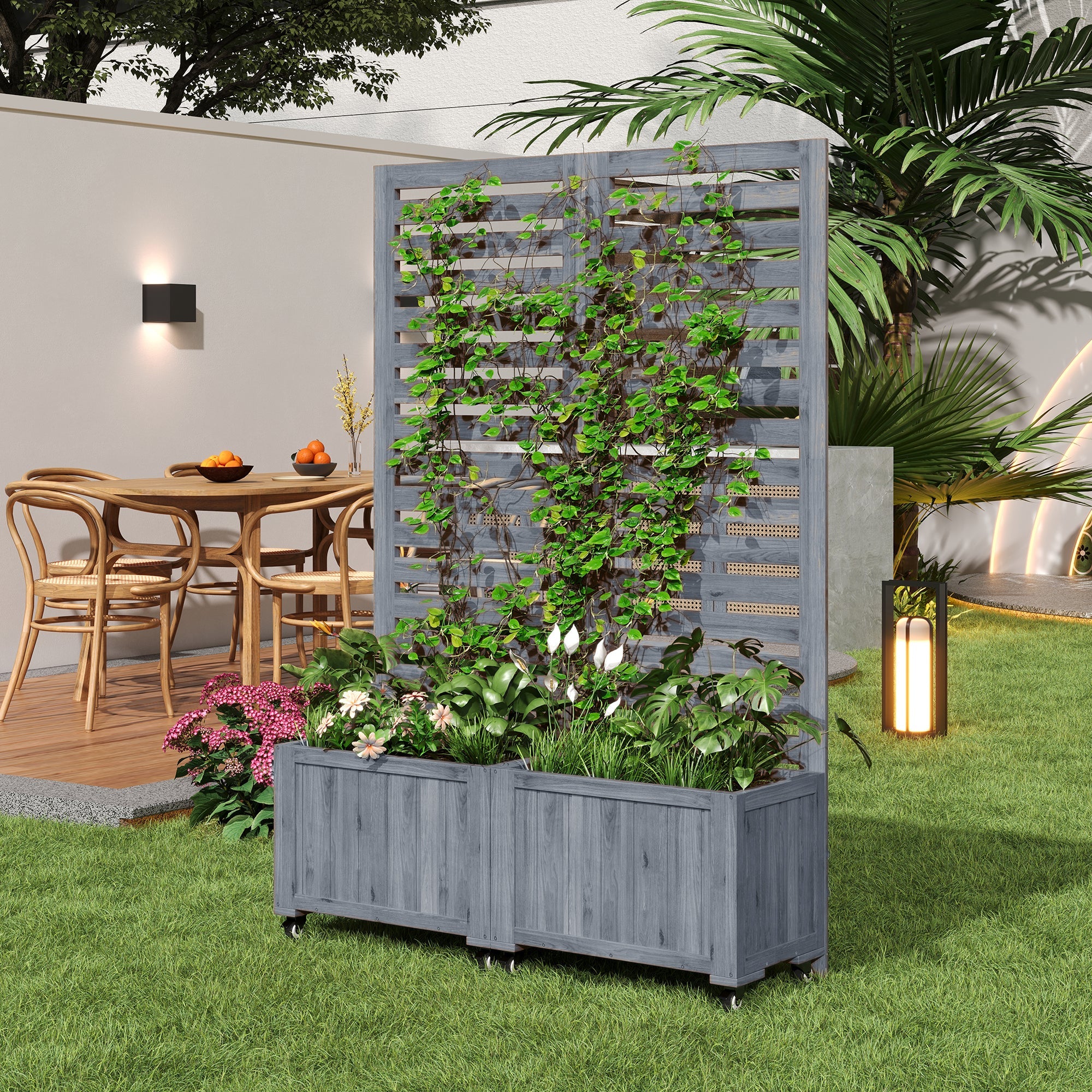 Outdoor Planter with Trellis and Universal Wheels, Grey Wood
