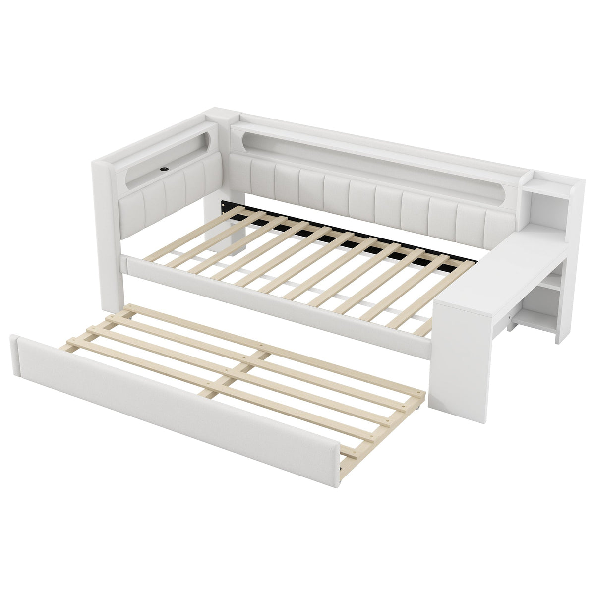 Daybed Upholstered 90x200cm Pull-out Bed Desk LED USB - White